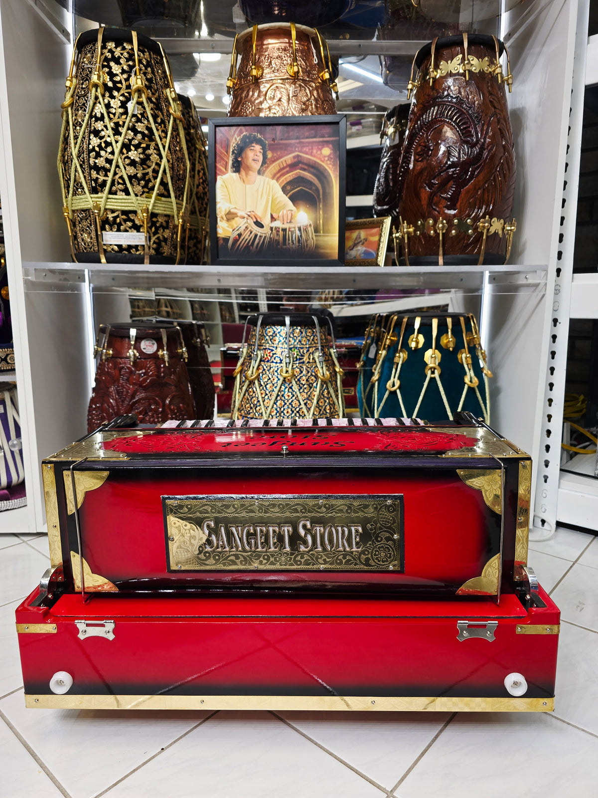 Maharaaj Flame – 3-Reed BMF 9-Scale Changer Harmonium Red & Black Blended Body with Pink Marble Keys *Minor Cosmetic Defects