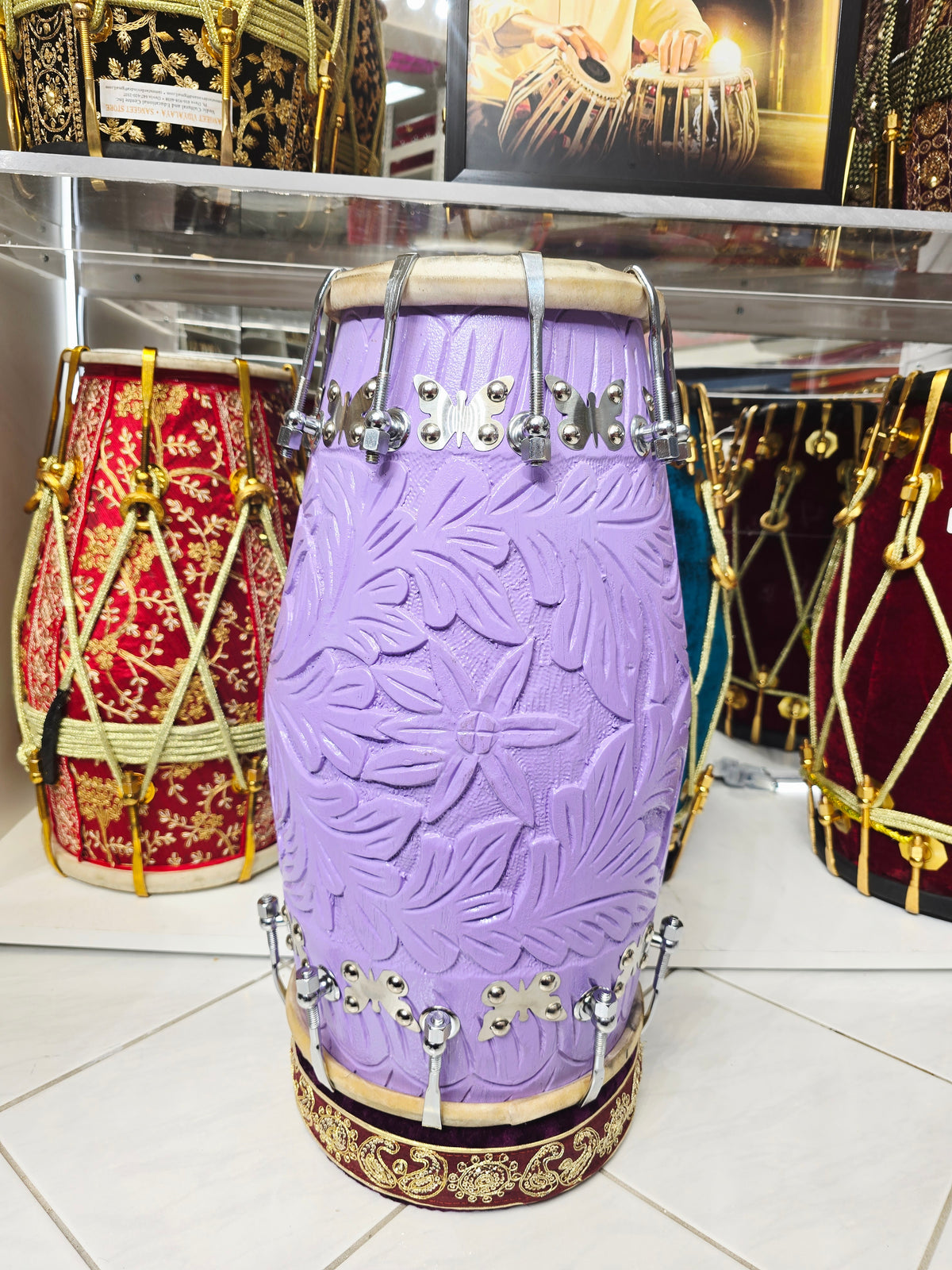 Lavanya – 15.2lbs Lavender Encarved Red Sheesham Concert Dholak | Silver Flora Hardware - Sangeet Store