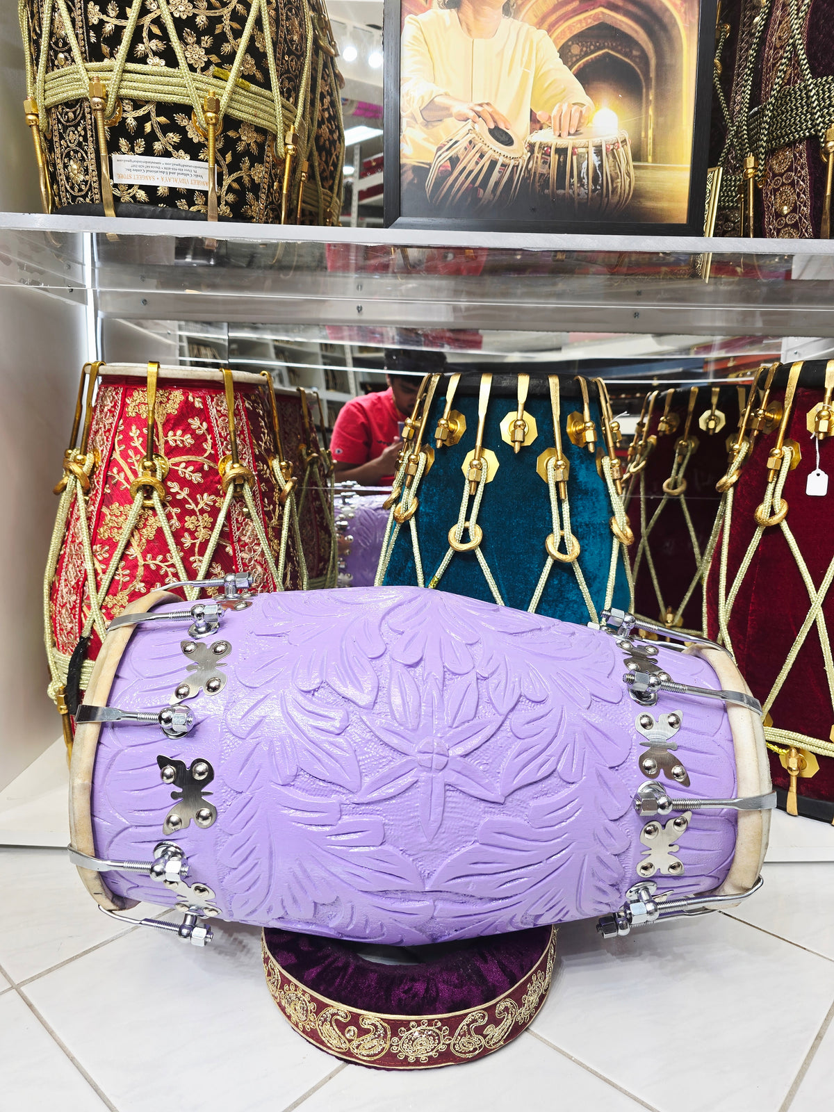 Lavanya – 15.2lbs Lavender Encarved Red Sheesham Concert Dholak | Silver Flora Hardware - Sangeet Store