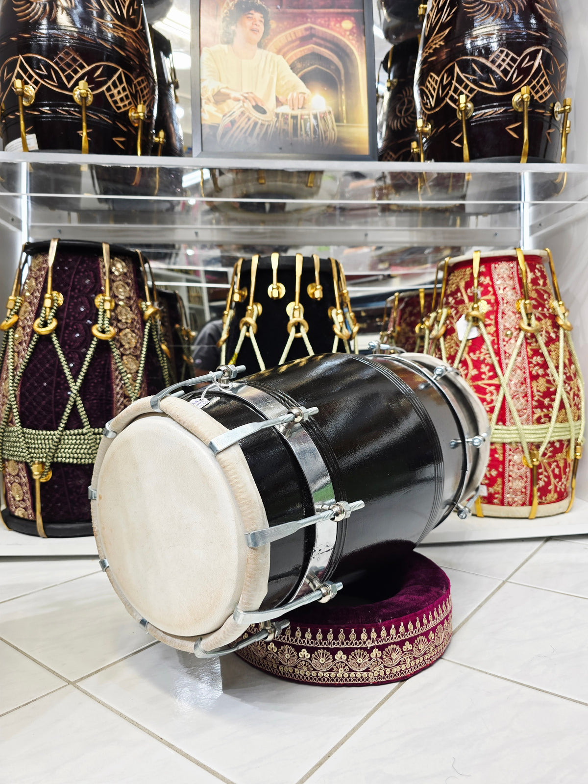 The Onyx Sonic Dholak - A Black Professional Red Sheesham Dholak with Chrome Bolts, Metal Rings and a Handle! Adj for Expedited shipping