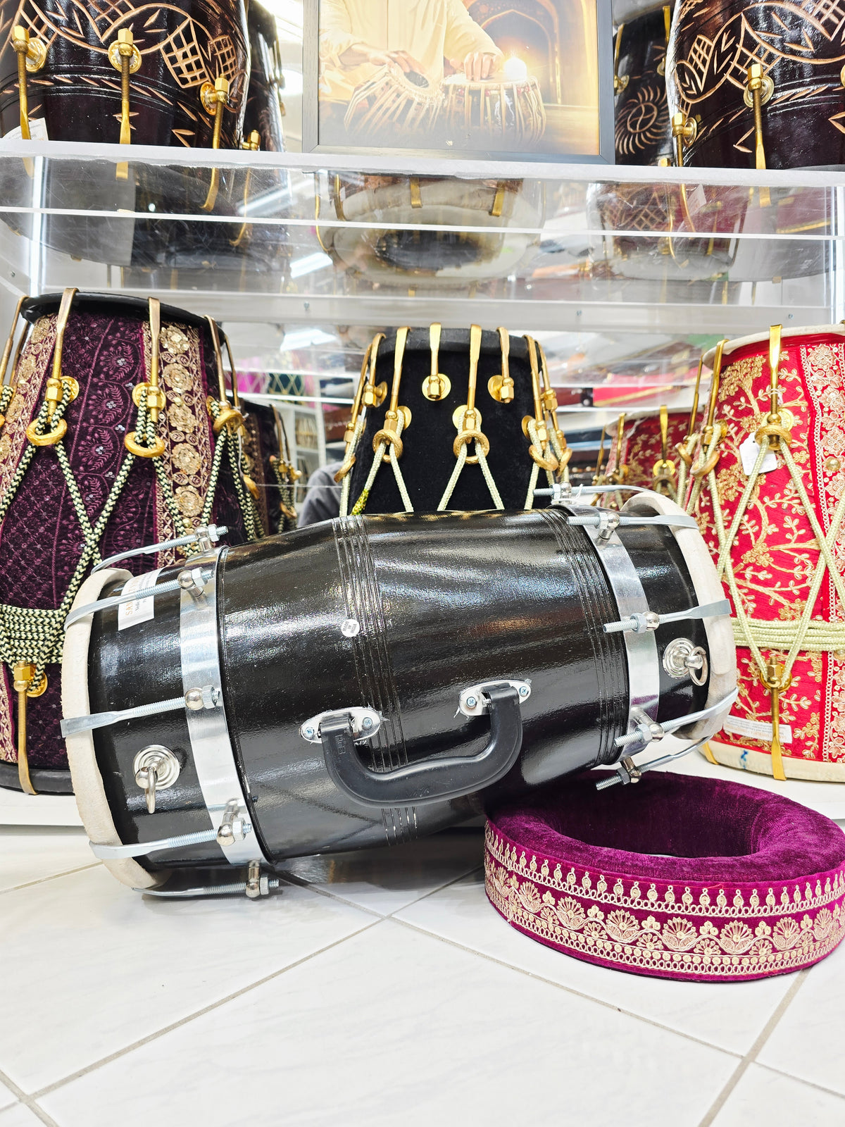 The Onyx Sonic Dholak - A Black Professional Red Sheesham Dholak with Chrome Bolts, Metal Rings and a Handle! Adj for Expedited shipping