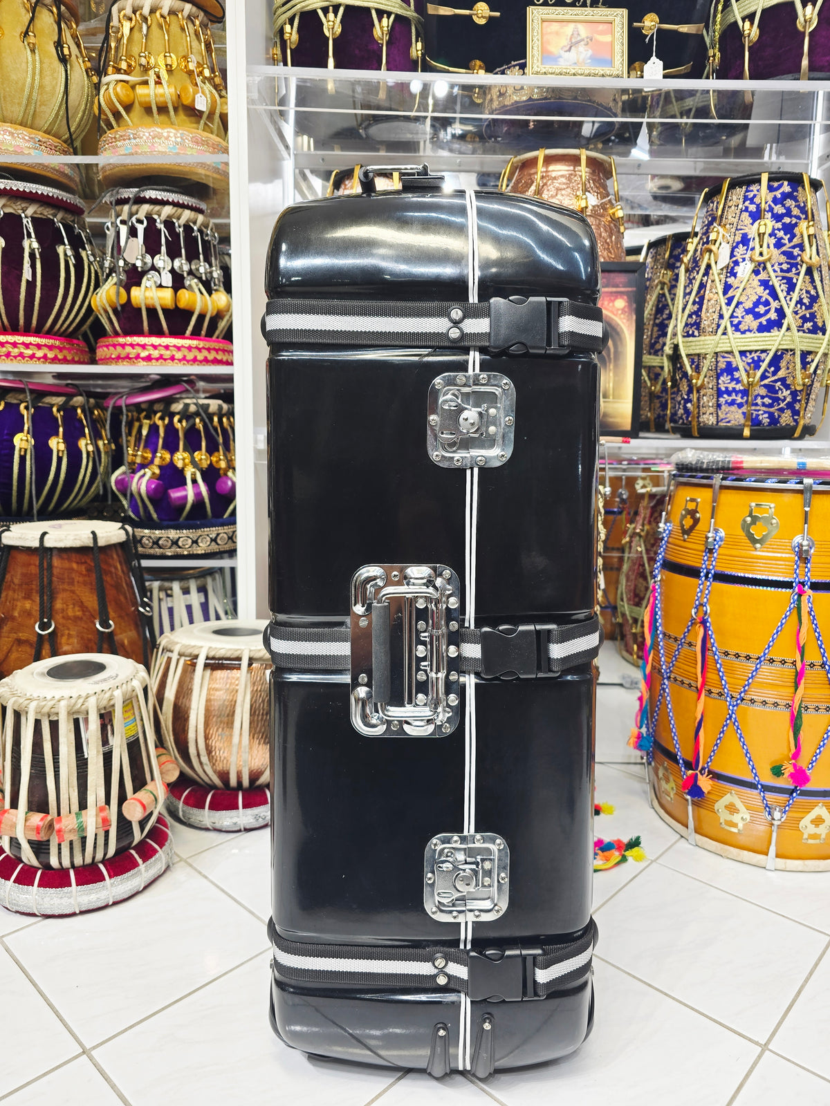Rhythmic Guardian: Premium Black 3-Piece Tabla/Dholak Case with Versatile Straps, Secure Locks, and Red Felt Interior - Sangeet Store