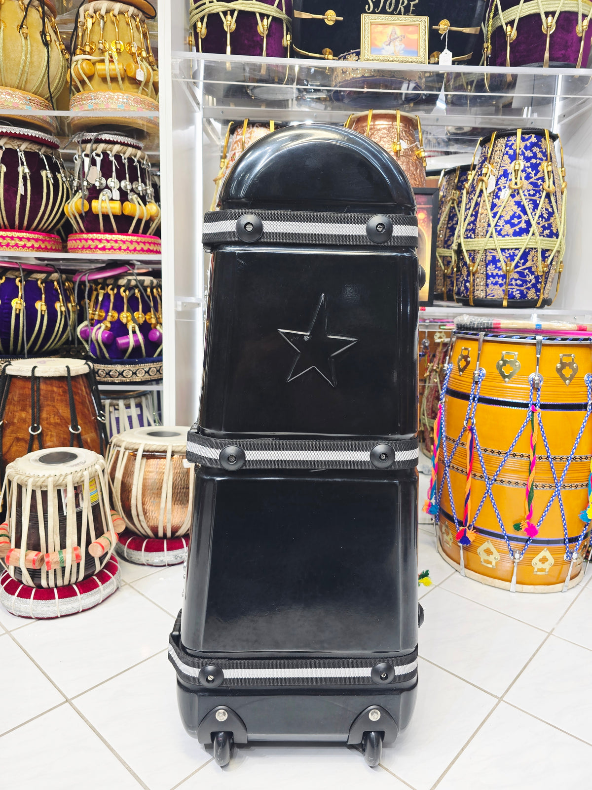 Rhythmic Guardian: Premium Black 3-Piece Tabla/Dholak Case with Versatile Straps, Secure Locks, and Red Felt Interior - Sangeet Store