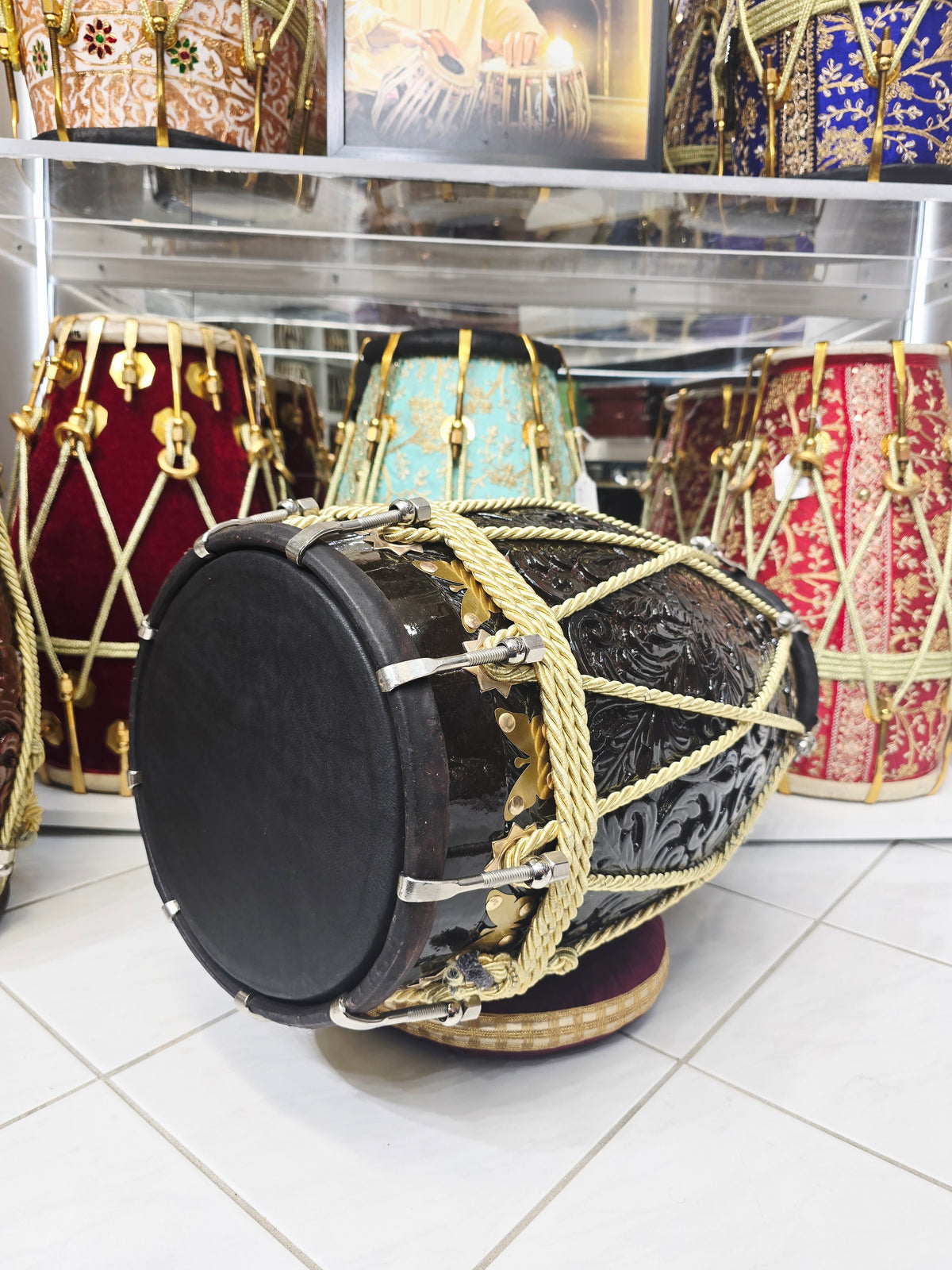 Custom Link for Chris: Maa Ambika Shadowflame Dholak (Including Sea Shipping to Guyana + Dandtaal) | 20.8 lbs Encarved Red Sheesham, Black Skins *Cosmetic Defects on Treble Skin
