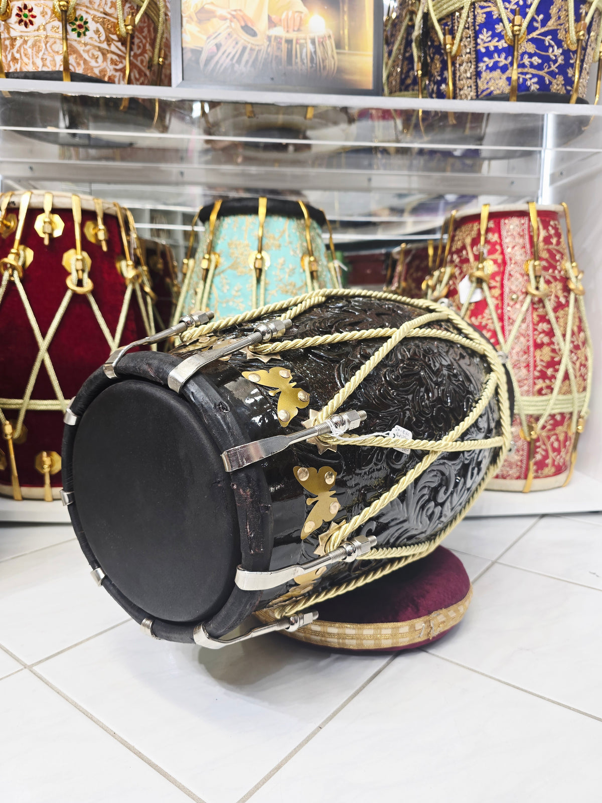 Custom Link for Chris: Maa Ambika Shadowflame Dholak (Including Sea Shipping to Guyana + Dandtaal) | 20.8 lbs Encarved Red Sheesham, Black Skins *Cosmetic Defects on Treble Skin