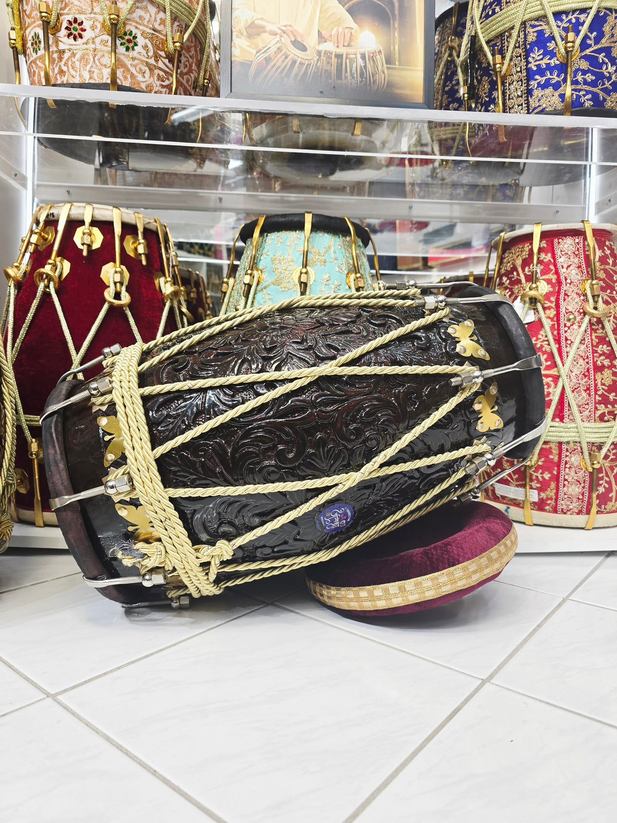 Custom Link for Chris: Maa Ambika Shadowflame Dholak (Including Sea Shipping to Guyana + Dandtaal) | 20.8 lbs Encarved Red Sheesham, Black Skins *Cosmetic Defects on Treble Skin