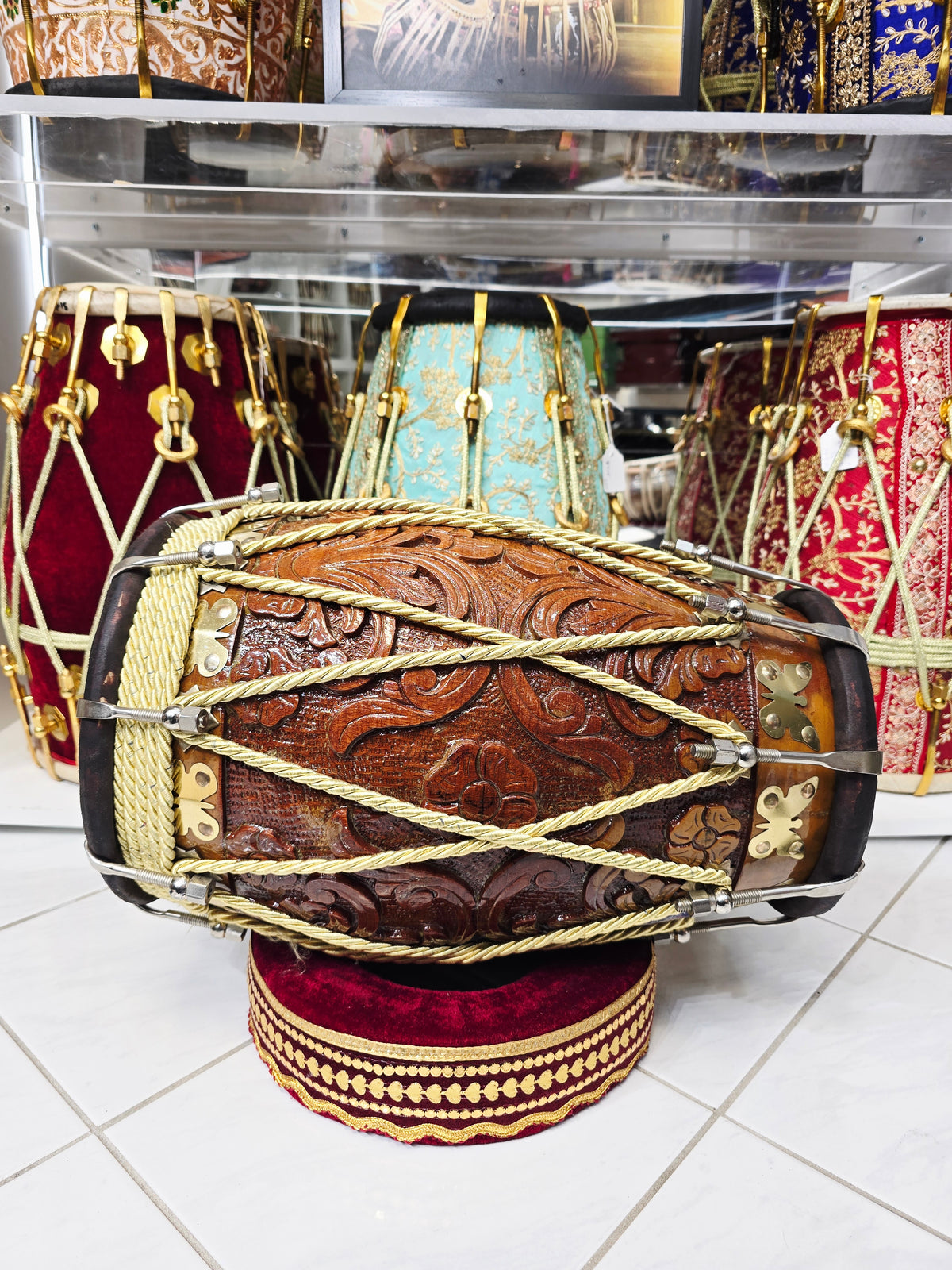 Maa Ambika VeenaFlame Dholak | 18.4 lbs Bijessar Wood, Encarved *Very Minor Cosmetic Blemishes