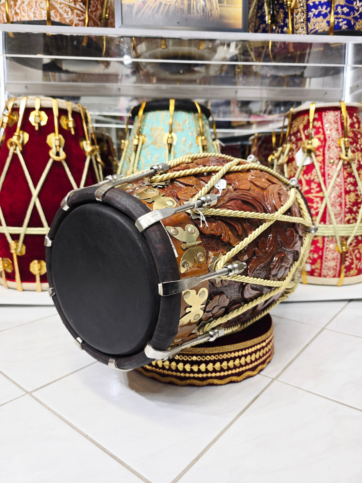 Maa Ambika VeenaFlame Dholak | 18.4 lbs Bijessar Wood, Encarved *Very Minor Cosmetic Blemishes