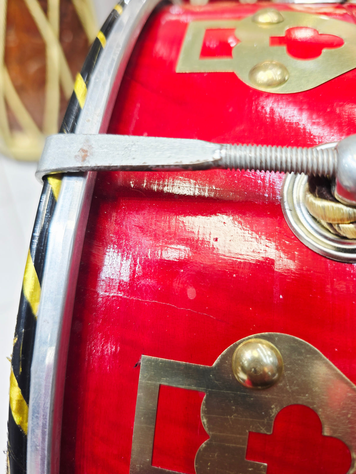 Lalvaaj — 25" Long, Red Painted Mango Wood Punjabi Dhol *Minor Cosmetic Defects *Plastic Bass Skin