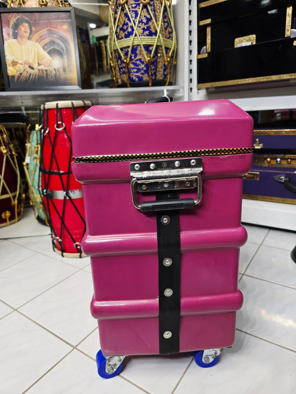 Royal Rāga Vault – Magenta Velvet-Lined Harmonium Case with 360° Wheels *Very Minor Cosmetic Blemishes - Sangeet Store