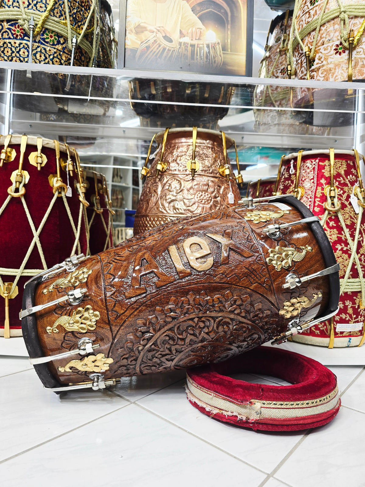 Divine Om Dholak – Custom Engraved for Alex
|
Red Sheesham Wood | Chetram Gill Build | Gold Hardware - Sangeet Store
