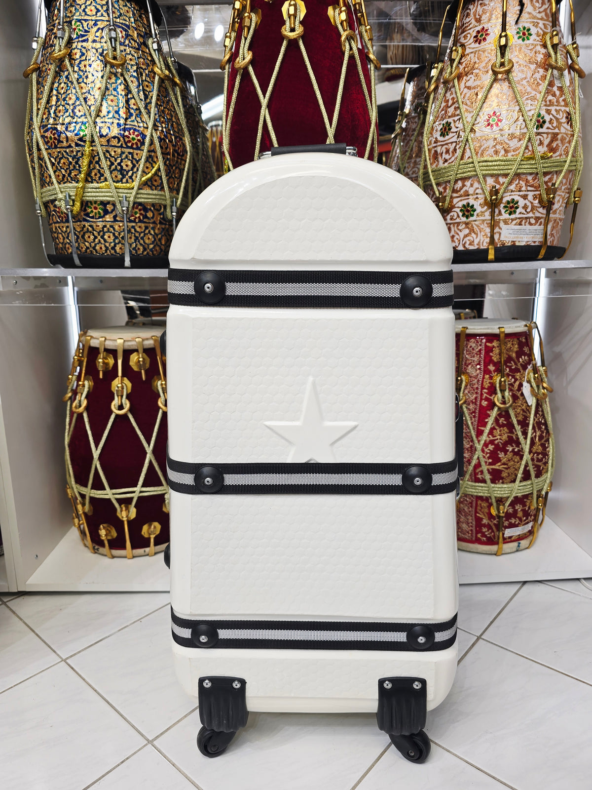 PolarVoyager | White Tabla/Dholak Travel Case – 360° Wheels *Very Minor Cosmetic Blemishes - Sangeet Store