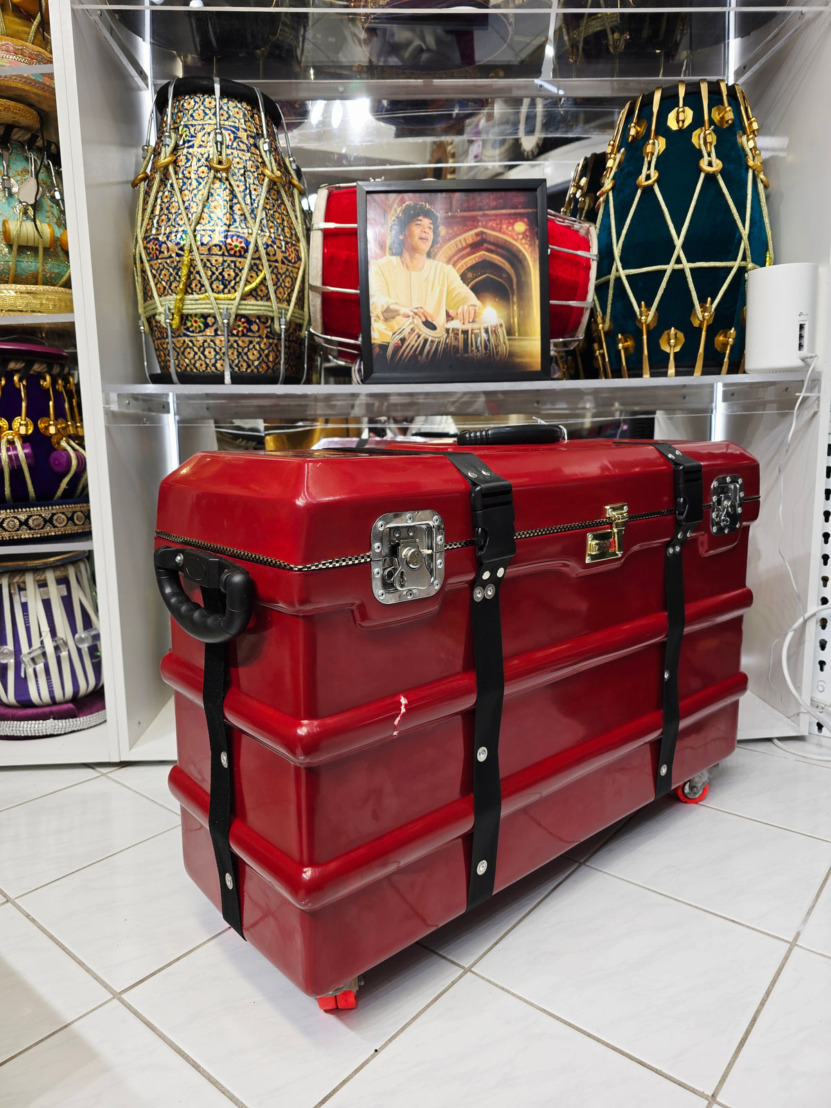 Crimson Guardian: Red Scale-Changer Harmonium Case with Wheels, Handles, and secure Locking Mechanism *Minor Cosmetic Defects *3 Reed 13 Changer Case