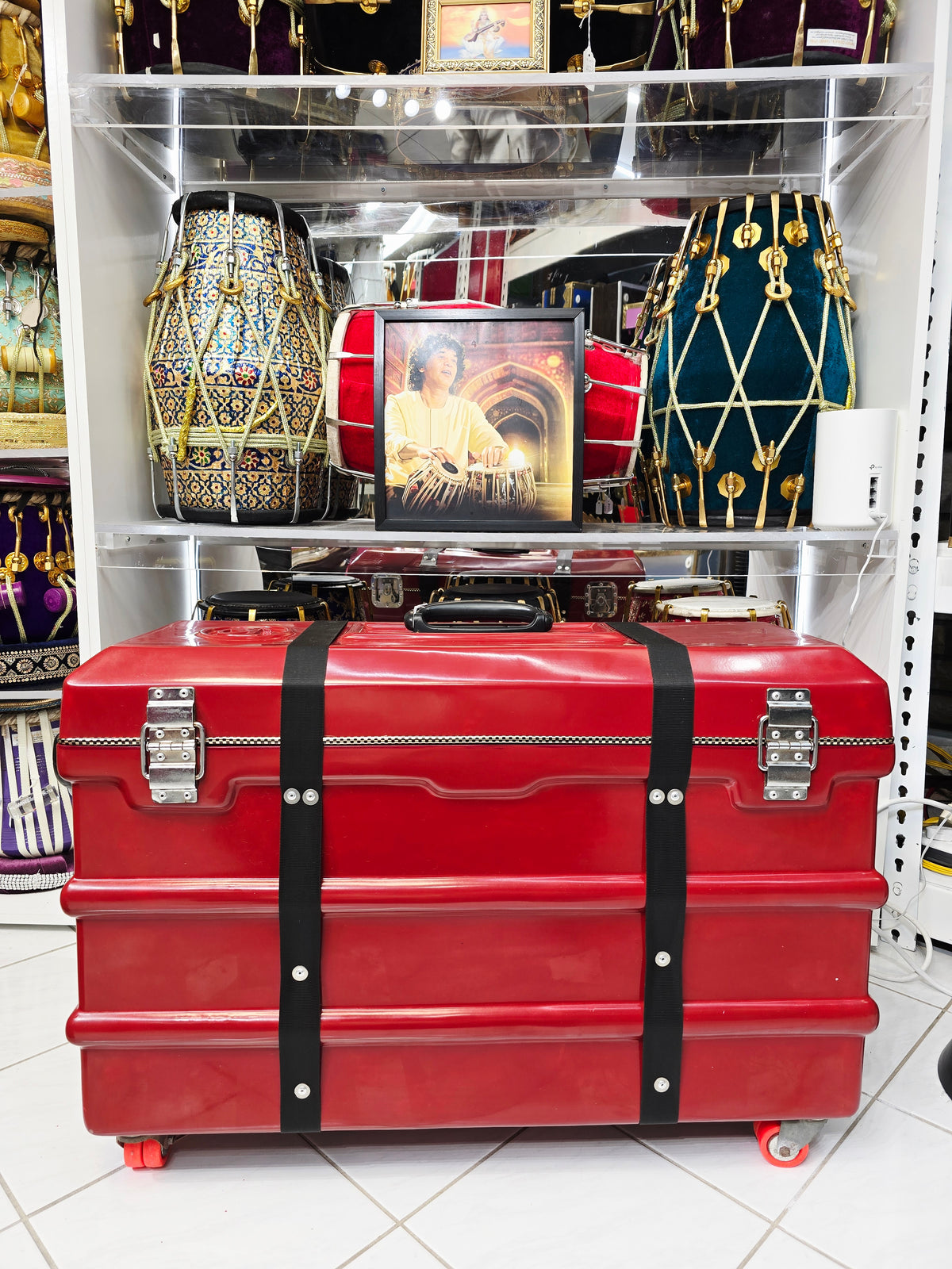 Crimson Guardian: Red Scale-Changer Harmonium Case with Wheels, Handles, and secure Locking Mechanism *Minor Cosmetic Defects *3 Reed 13 Changer Case