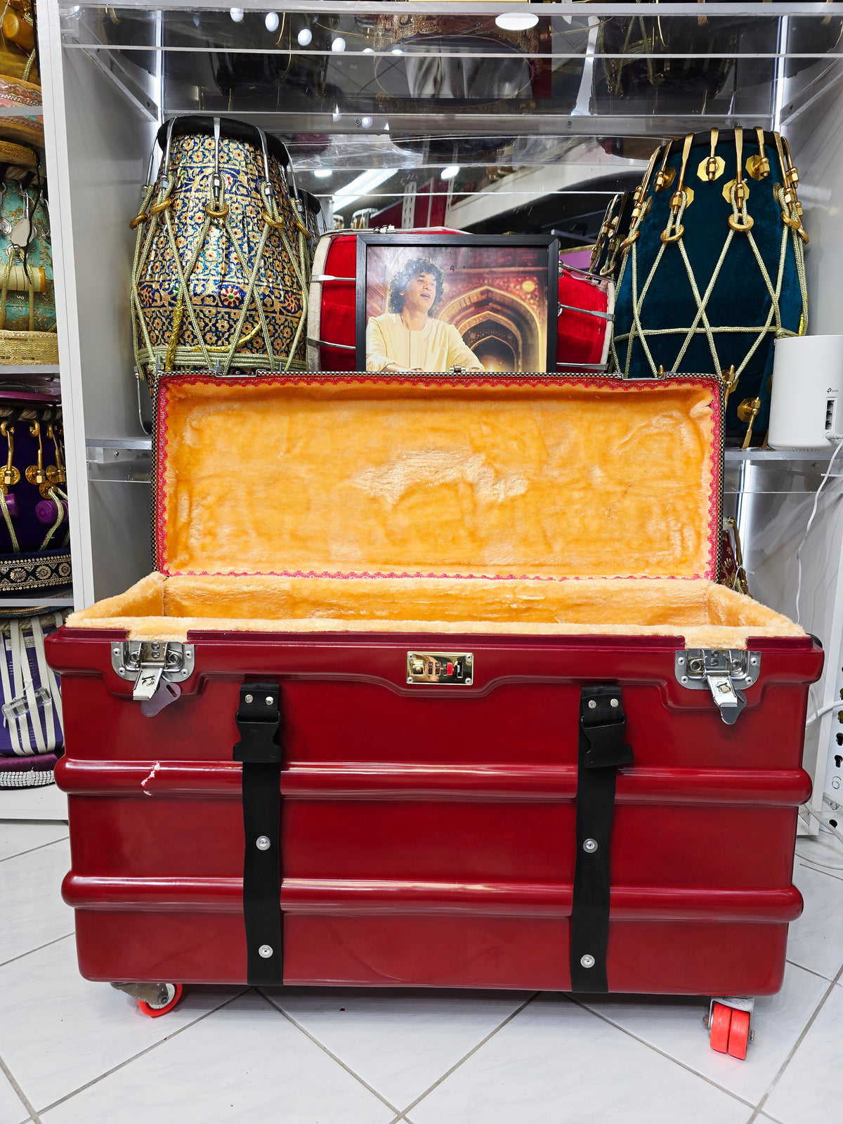 Crimson Guardian: Red Scale-Changer Harmonium Case with Wheels, Handles, and secure Locking Mechanism *Minor Cosmetic Defects *3 Reed 13 Changer Case