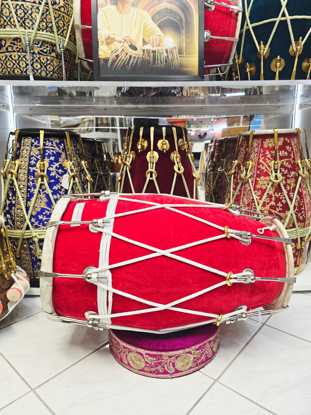 Crimson Saaj Resonance — Red Velvet Mango Wood Dholak (19.25", 15 lbs) *Exceptional Tone