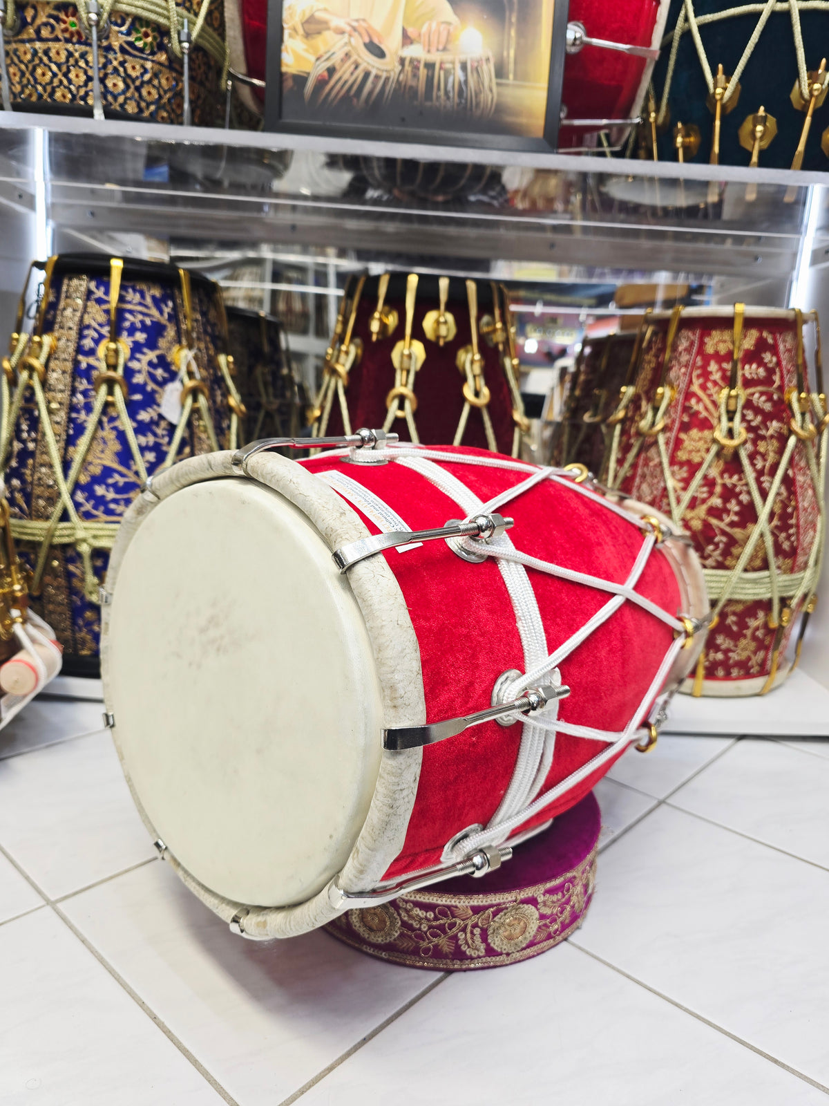 Crimson Saaj Resonance — Red Velvet Mango Wood Dholak (19.25", 15 lbs) *Exceptional Tone