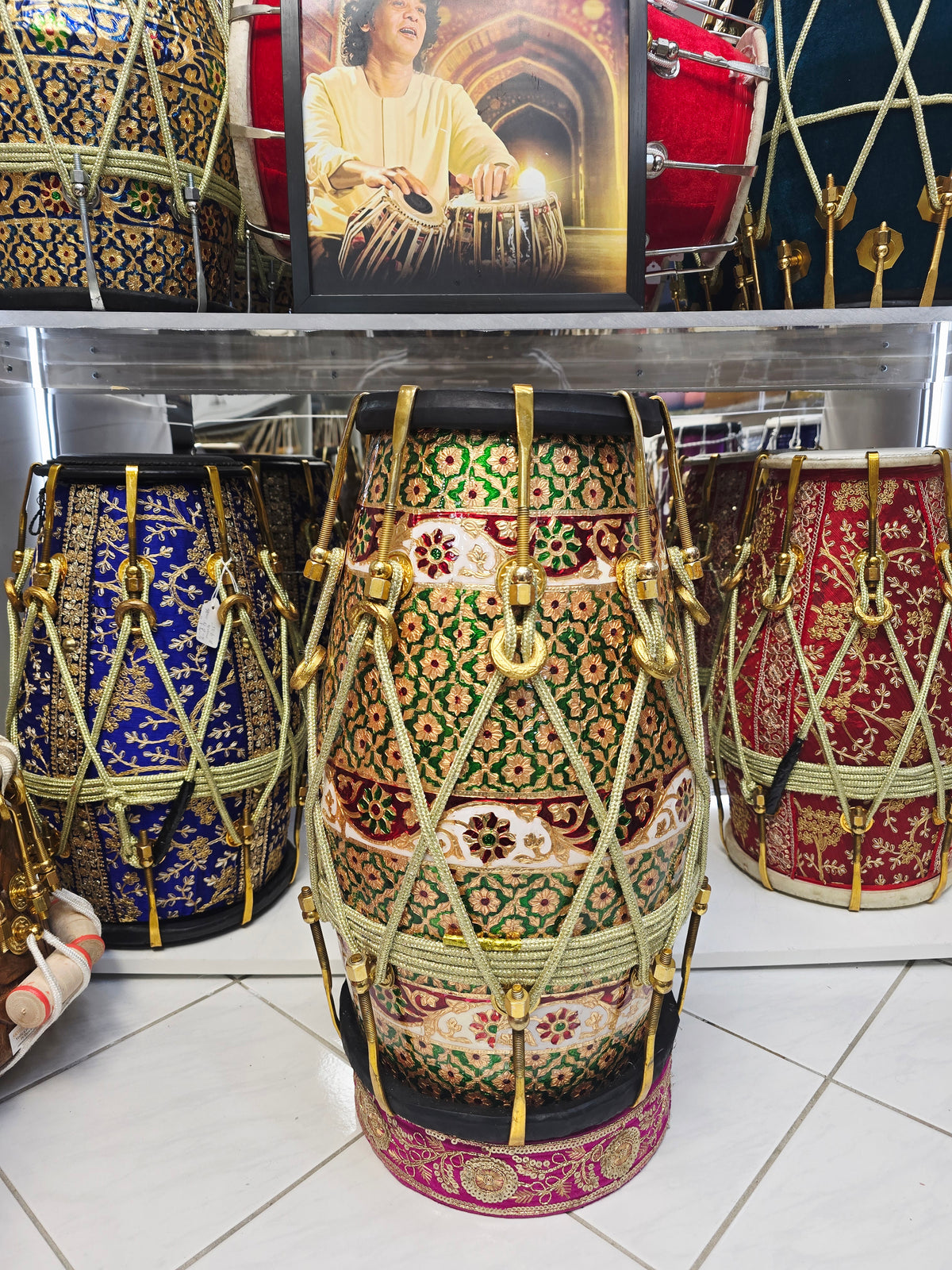 Zarif Mosaic — Designer-Wrapped Red Sheesham Dholak with Black Skins (19.75", 19.2 lbs) *Refined Closed Tone