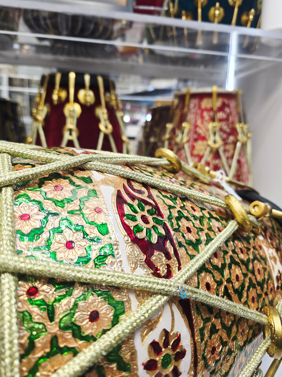 Zarif Mosaic — Designer-Wrapped Red Sheesham Dholak with Black Skins (19.75", 19.2 lbs) *Refined Closed Tone