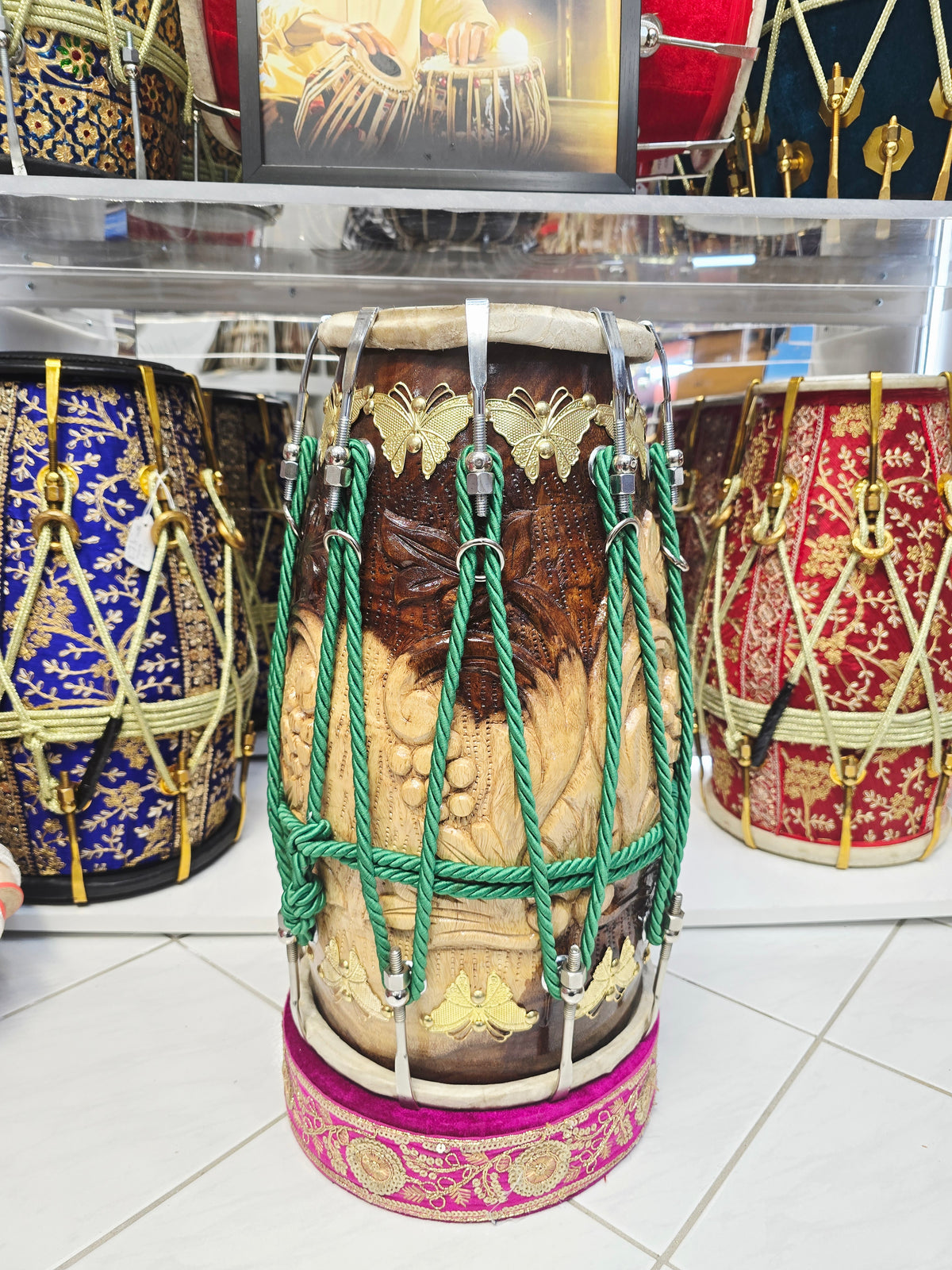 Mayur Crest — Chetram Gill Concert-Quality Carved Red Sheesham Dholak (18")