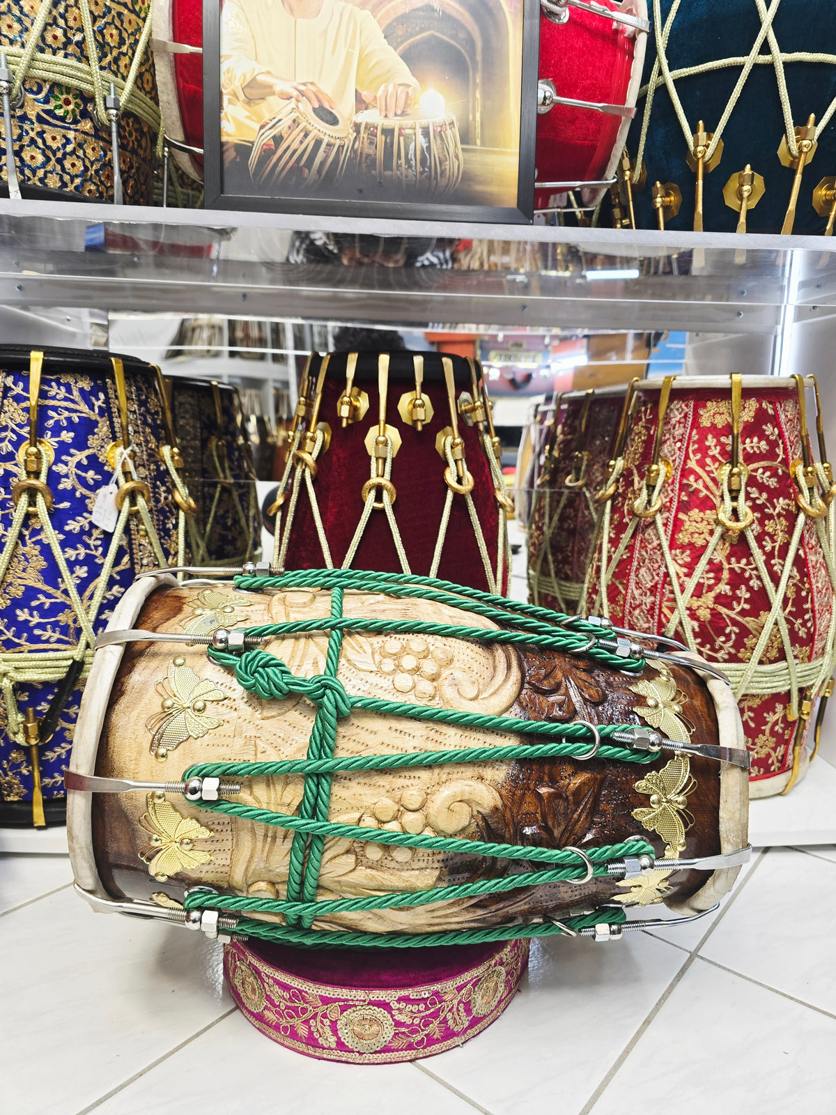 Mayur Crest — Chetram Gill Concert-Quality Carved Red Sheesham Dholak (18")