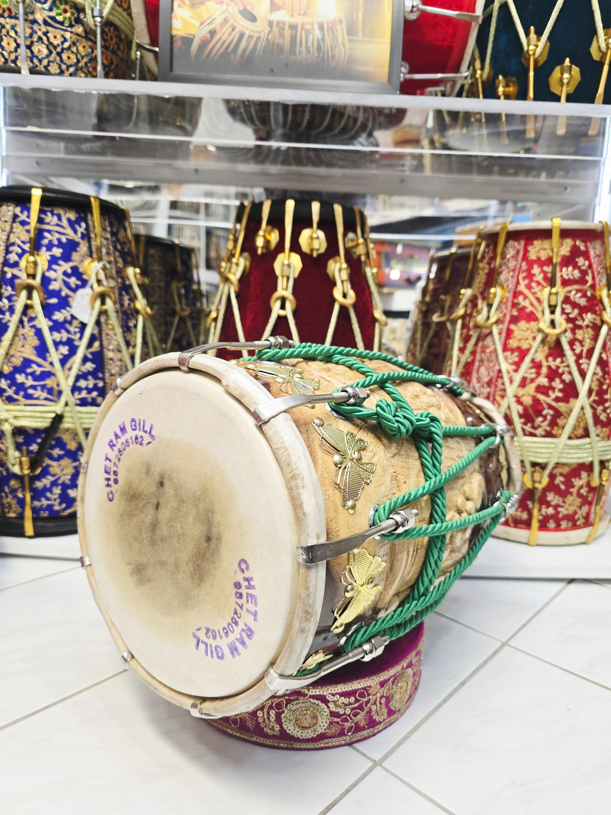 Mayur Crest — Chetram Gill Concert-Quality Carved Red Sheesham Dholak (18")