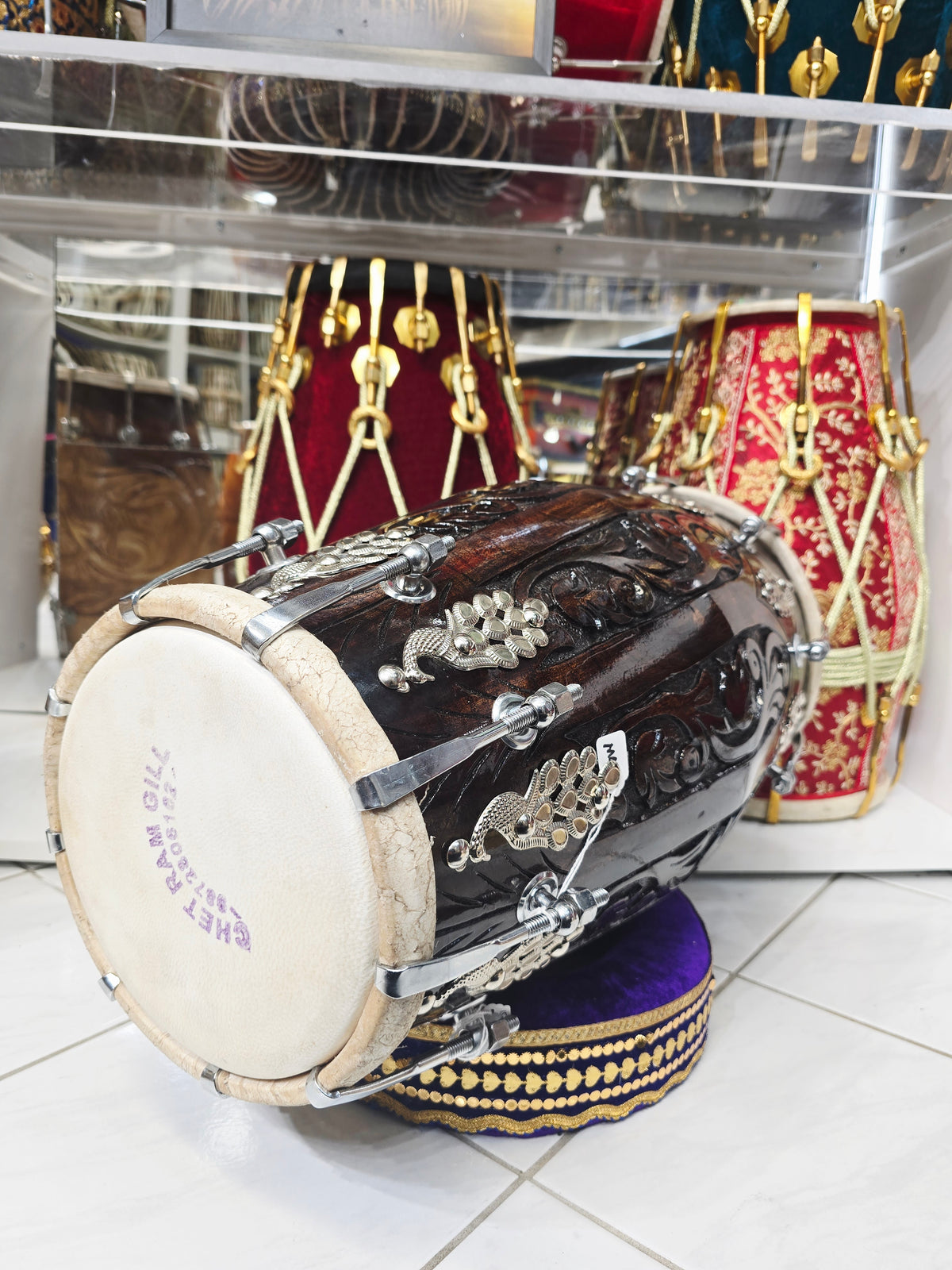 Vrindhya Nocturne — Chetram Gill Hand-Carved Red Sheesham Dholak (20", 15.8 lbs)