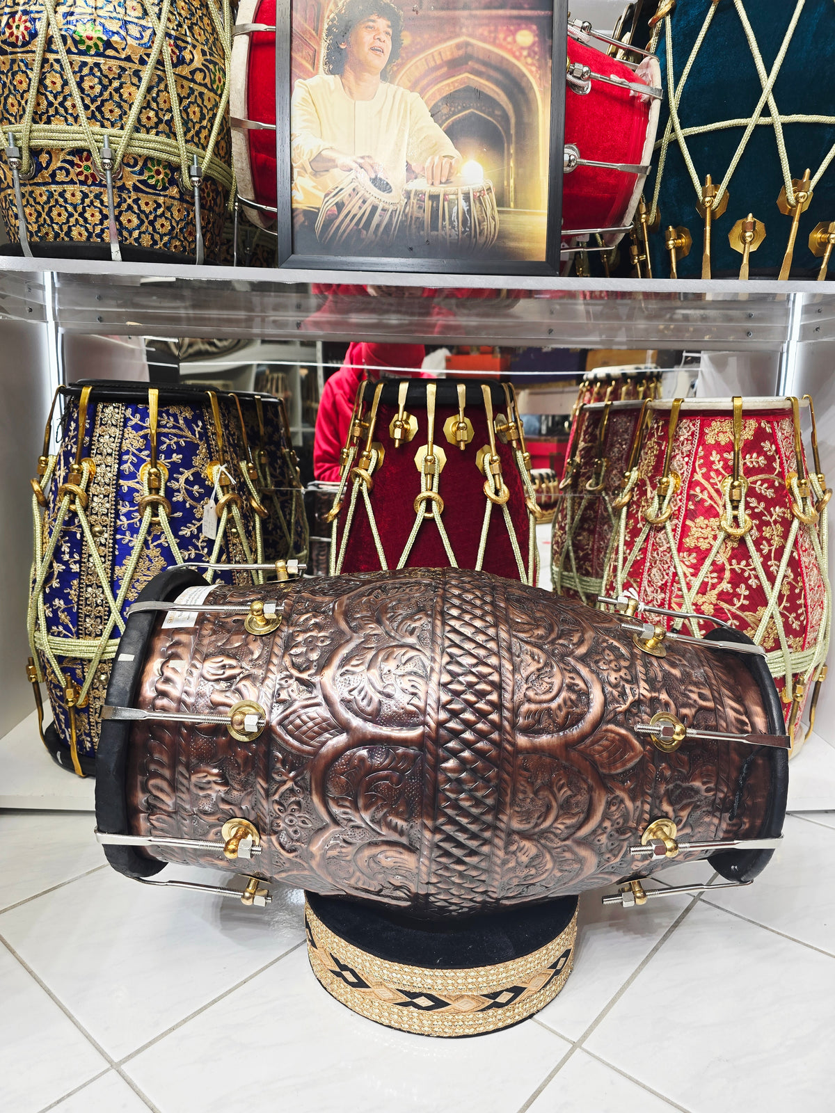 Kaalchakra™ Antique-Finish Copper Dholak — Black Skins | Hand-Embossed Body