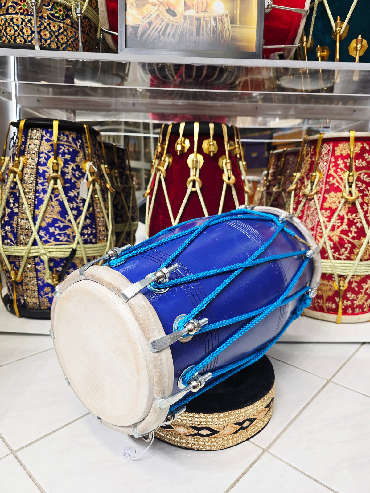 Taal Ranjani 10.4lbs Professional Blue Painted Dholak – Chrome Bolts, Blue Ropes for Aesthetics *Minor Cosmetic Blemishes