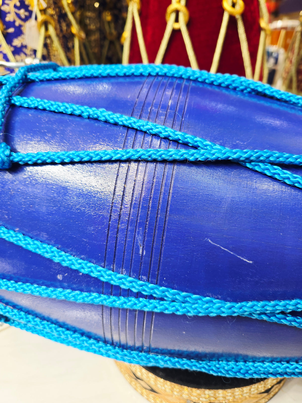 Taal Ranjani 10.4lbs Professional Blue Painted Dholak – Chrome Bolts, Blue Ropes for Aesthetics *Minor Cosmetic Blemishes