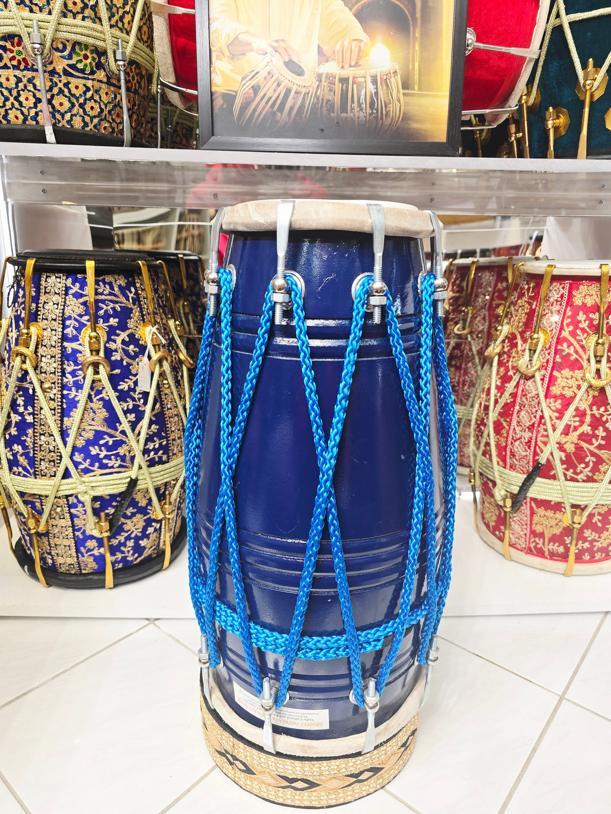 Samudra Viraaj™ Pro Dholak — Blue-Lacquered Red Sheesham | Exceptional Tone, Cosmetic Blemishes