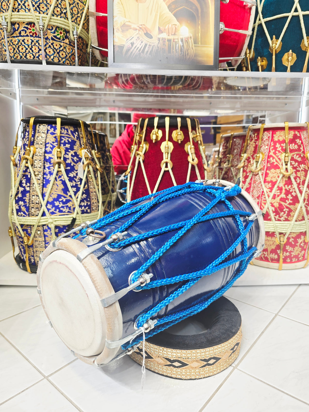 Samudra Viraaj™ Pro Dholak — Blue-Lacquered Red Sheesham | Exceptional Tone, Cosmetic Blemishes