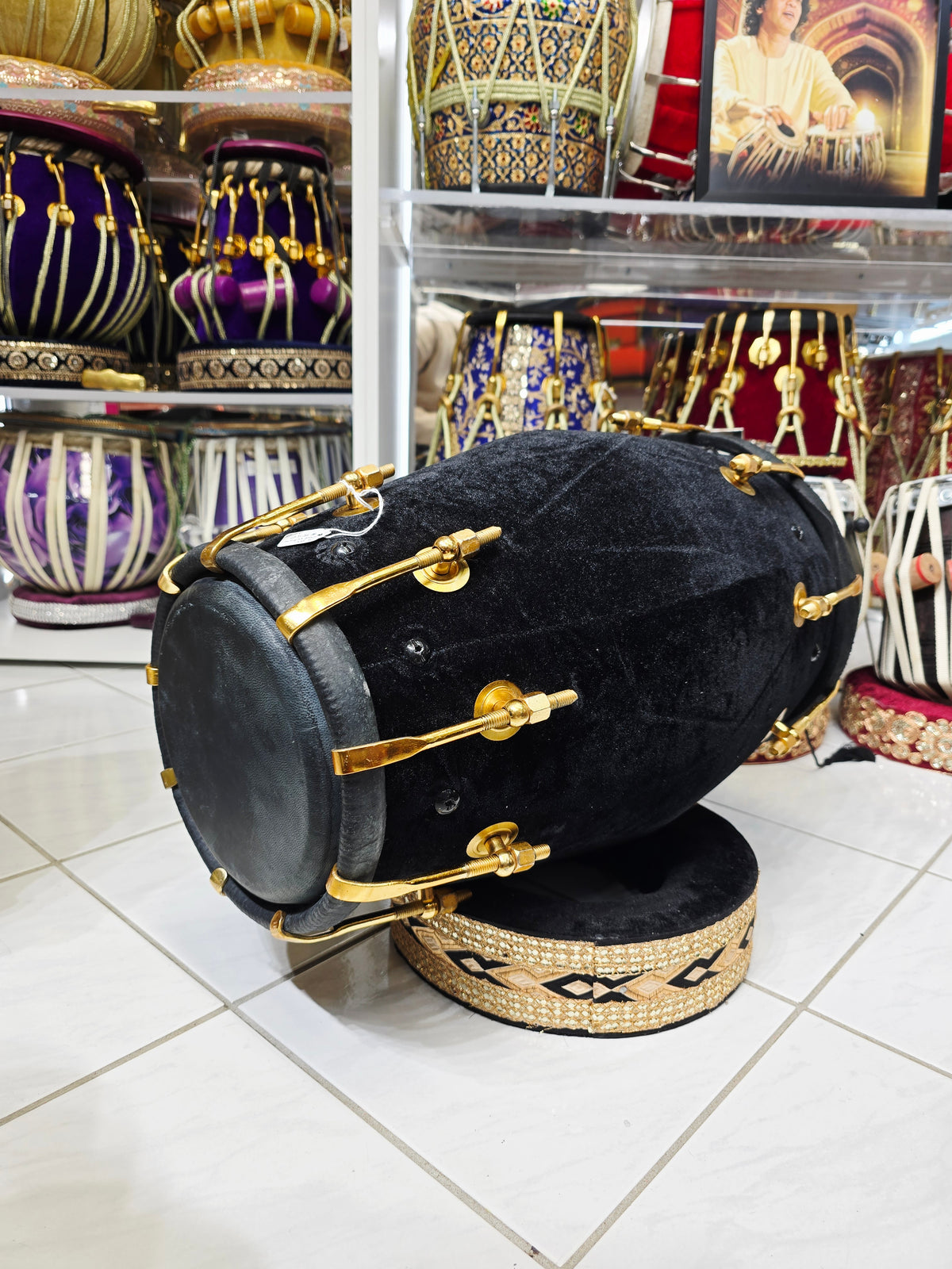 Kaala Abhra™ Premium Velvet Dholak — 18.5″ Red Sheesham | 16 lb | Minor Cosmetic Skin Blemishes