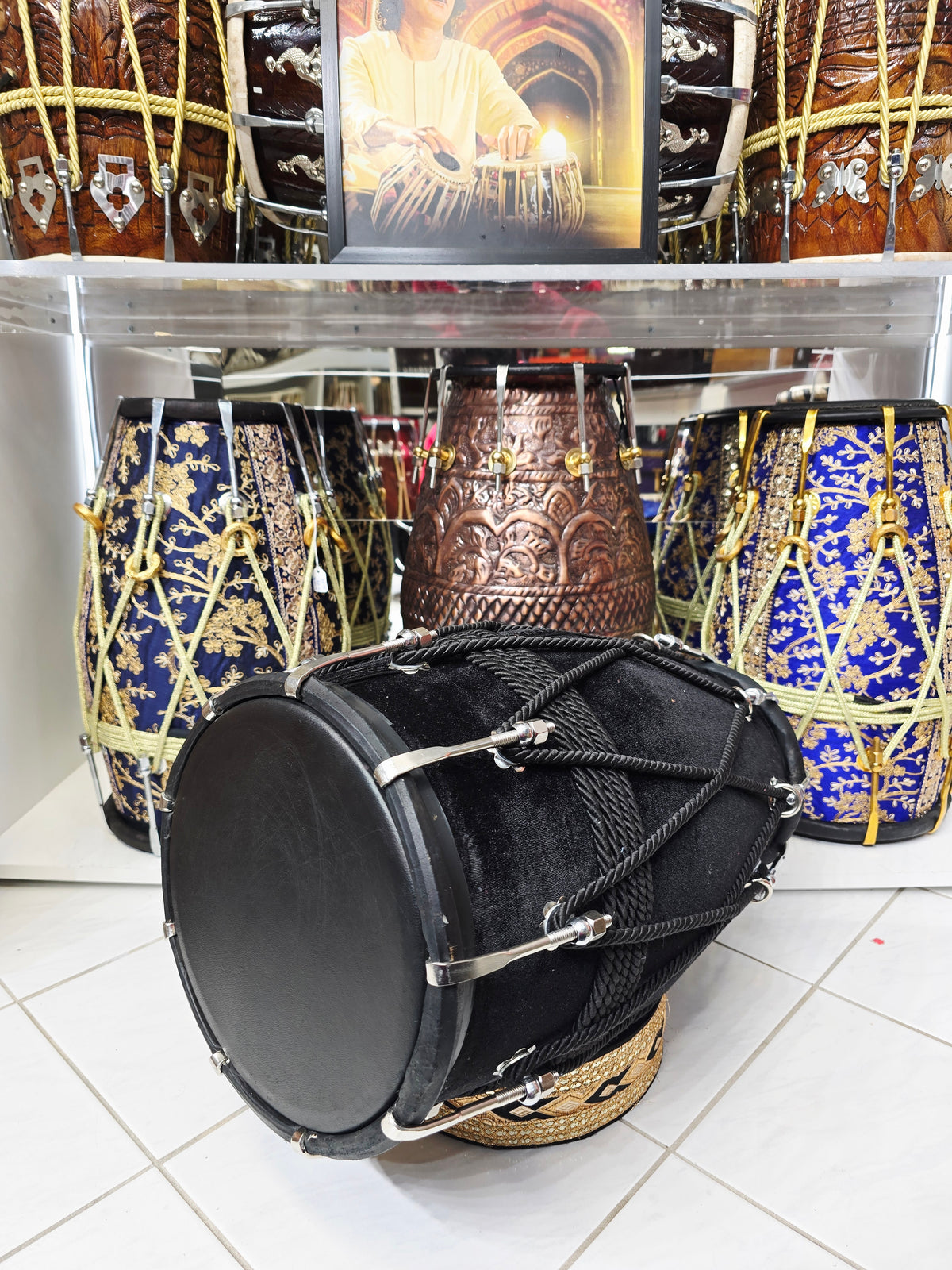 BLACKOUT — Red Sheesham Velvet-Wrapped Dholak with Chrome Bolts (Black Skin Dye Rubs Off)