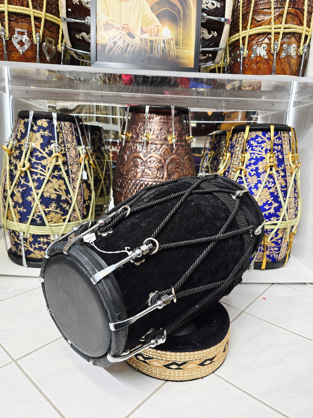 BLACKOUT — Red Sheesham Velvet-Wrapped Dholak with Chrome Bolts (Black Skin Dye Rubs Off)