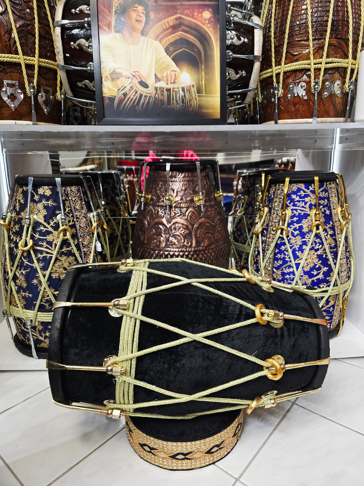ONYX VEIL — Red Sheesham Black Velvet-Wrapped Dholak with Brass Bolts (Exceptional Tone)