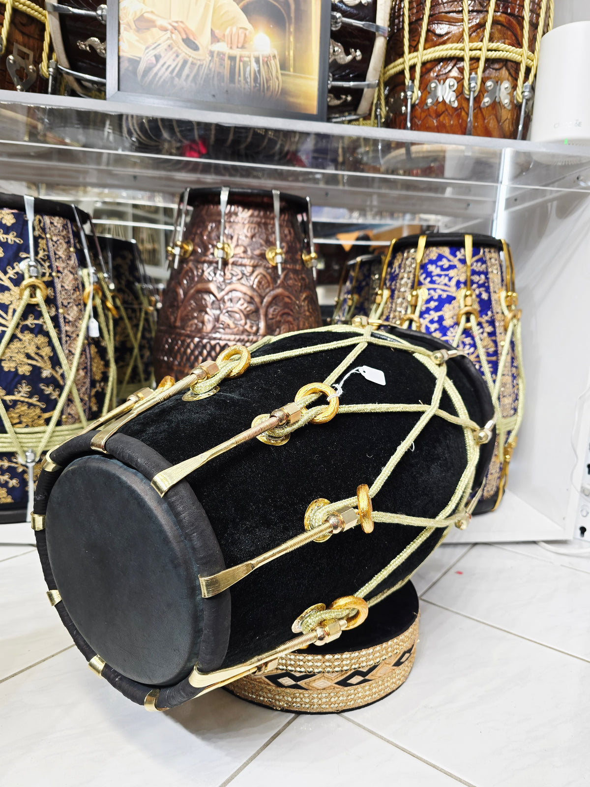 ONYX VEIL — Red Sheesham Black Velvet-Wrapped Dholak with Brass Bolts (Exceptional Tone)
