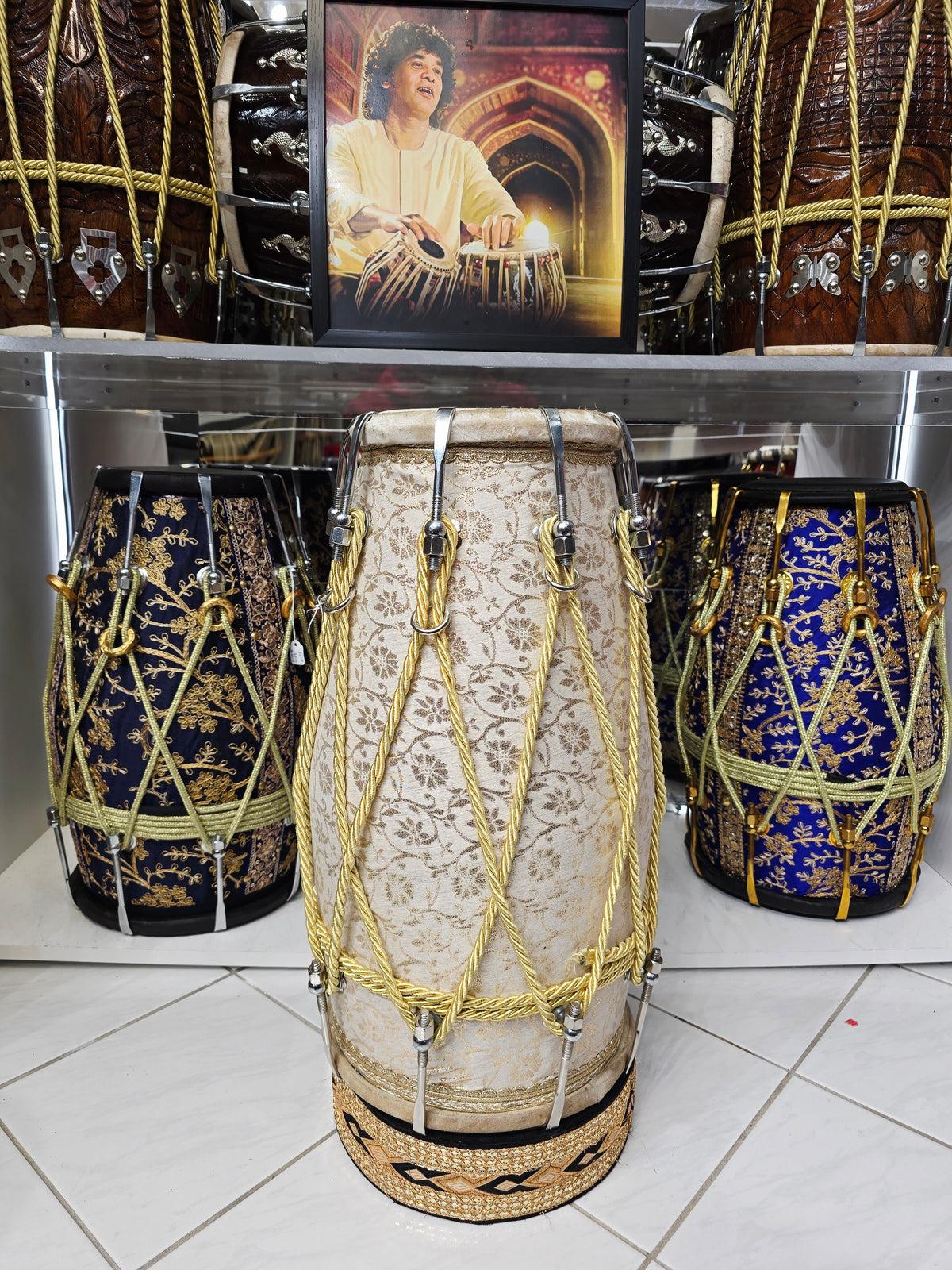 IVORY REGALIA — Cream & Gold Sherwani-Wrapped Dholak with Chrome Bolts