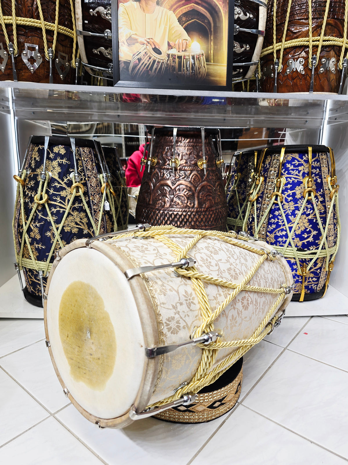 IVORY REGALIA — Cream & Gold Sherwani-Wrapped Dholak with Chrome Bolts
