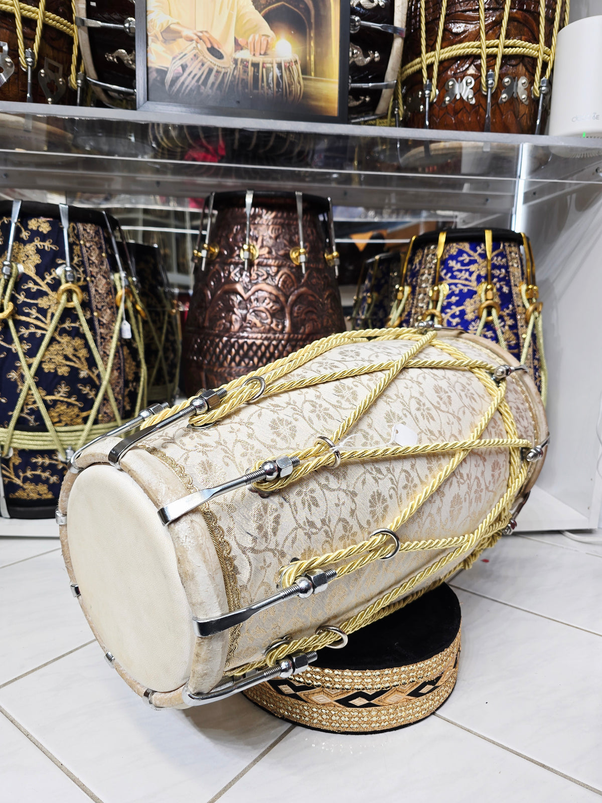IVORY REGALIA — Cream & Gold Sherwani-Wrapped Dholak with Chrome Bolts