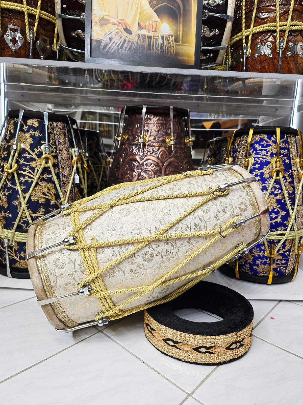 IVORY REGALIA — Cream & Gold Sherwani-Wrapped Dholak with Chrome Bolts