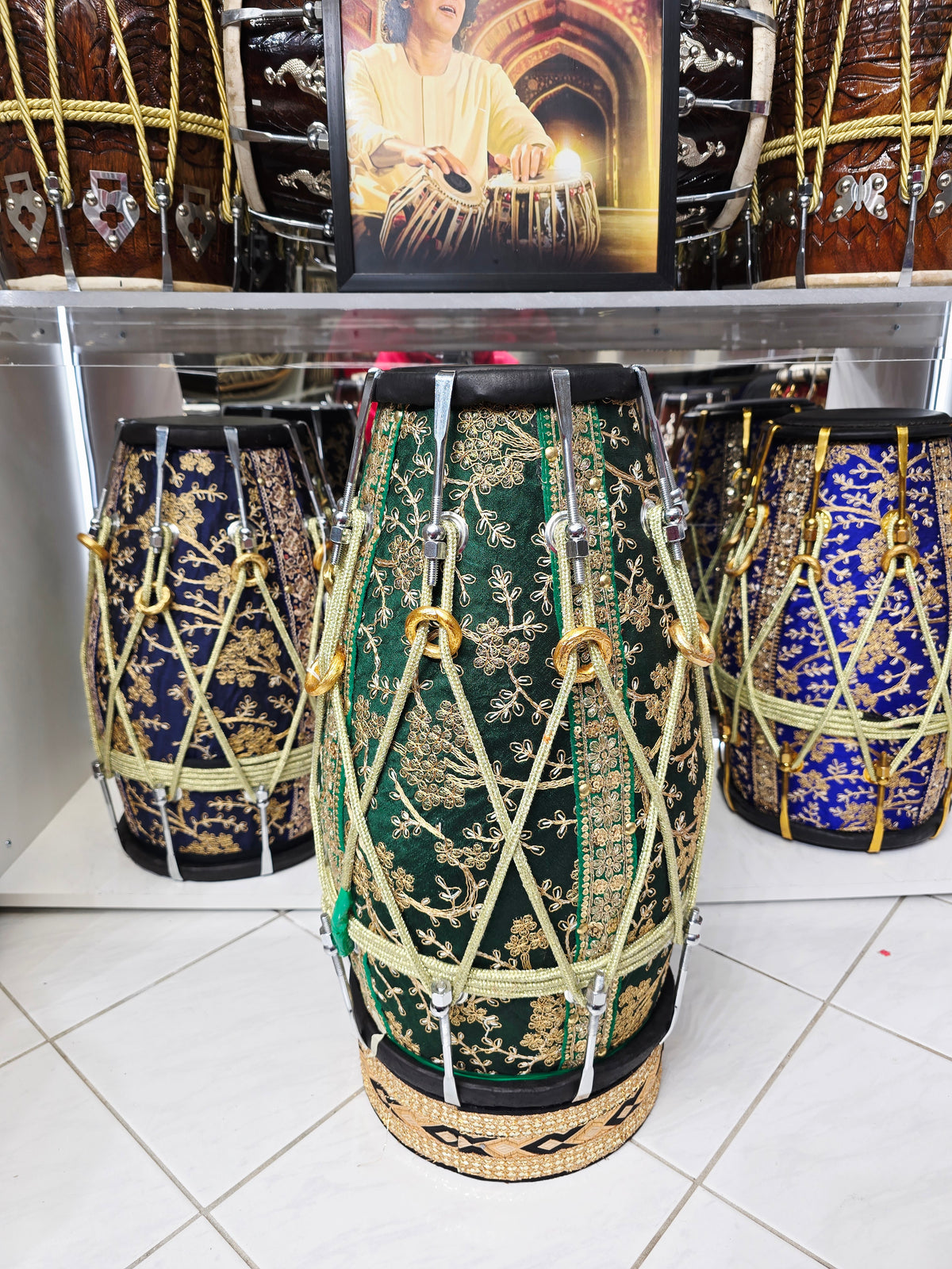 EMERALD COMMAND — Red Sheesham Dholak with Green Sherwani Wrap, Chrome Bolts & Black Skins