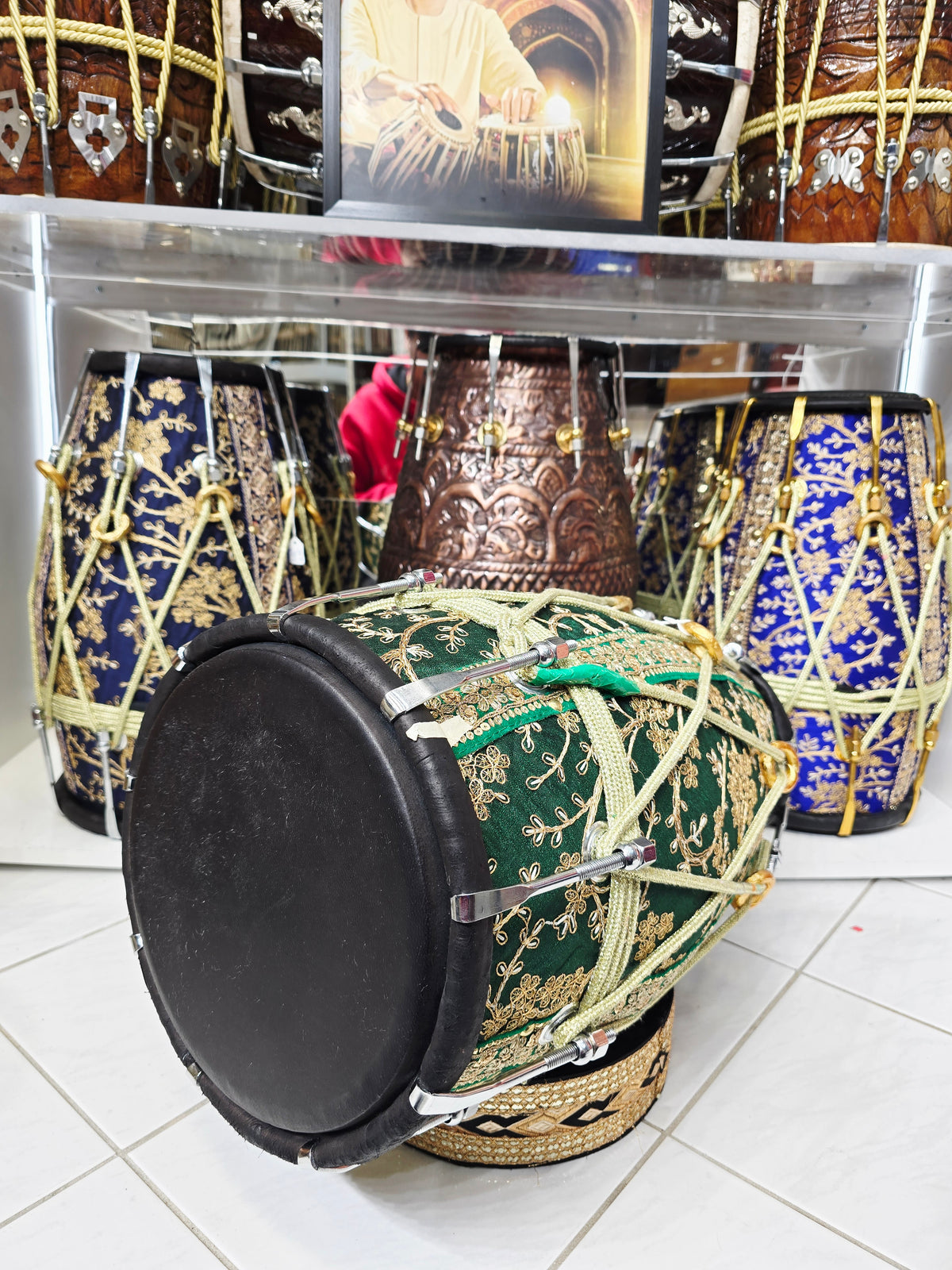 EMERALD COMMAND — Red Sheesham Dholak with Green Sherwani Wrap, Chrome Bolts & Black Skins
