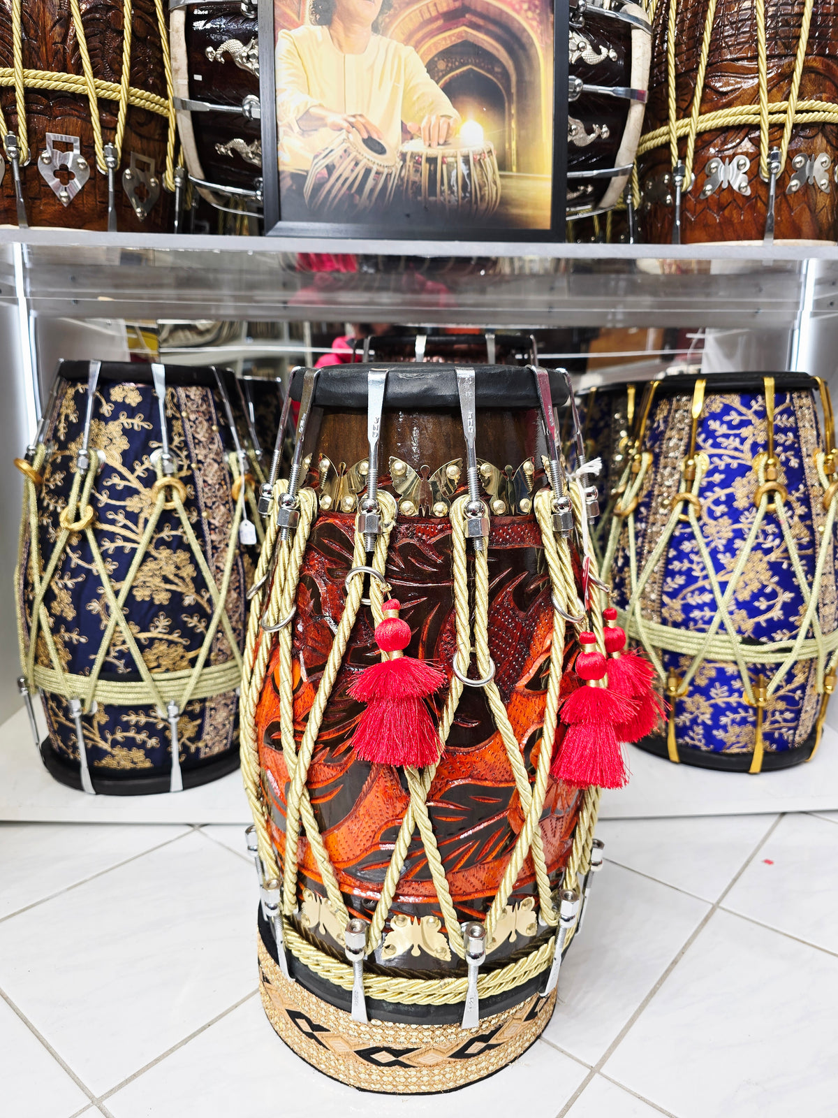 EMBERLINE — 17.75″ Red Sheesham Dholak with Chrome Bolts & Black Skins