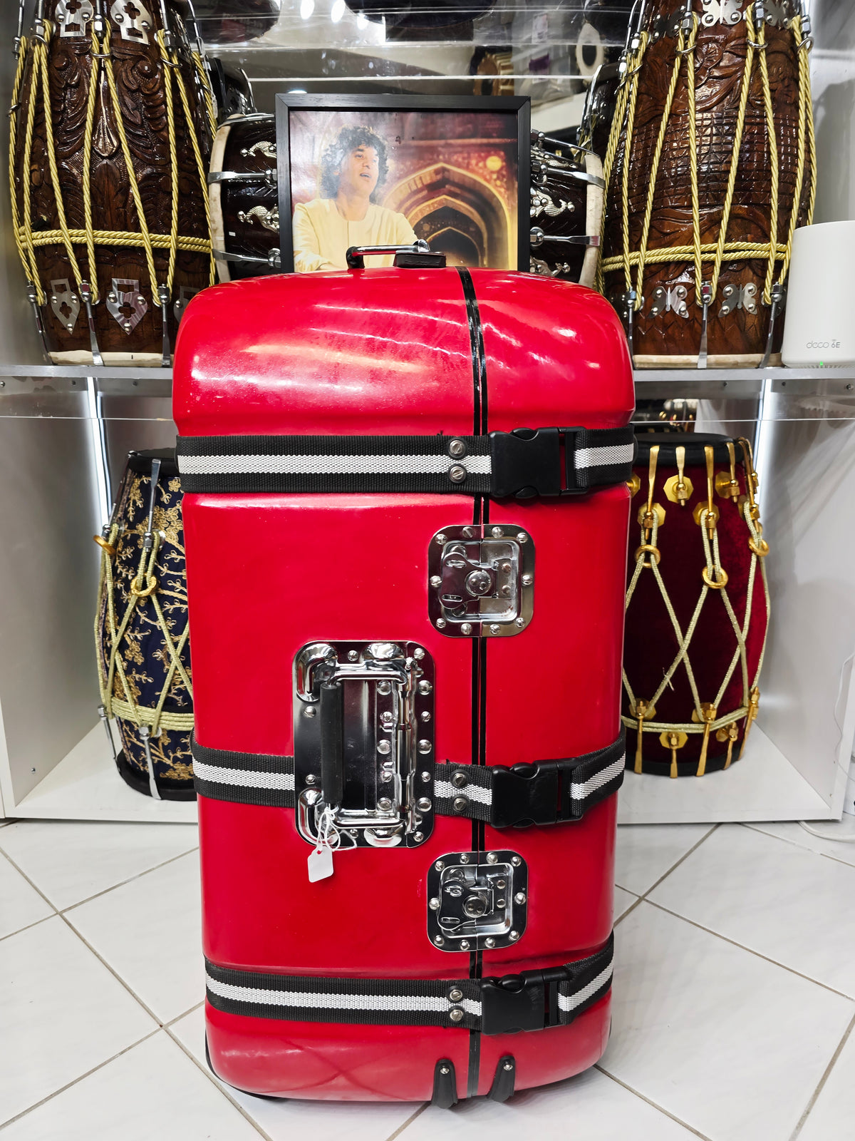 CRIMSON LUXE — Sparkly Gloss Red Hard-Shell Tabla Case · Black & White Exterior Straps · Dual Carry Handles · Fixed Wheels *Very Minor Cosmetic Blemishes (g)