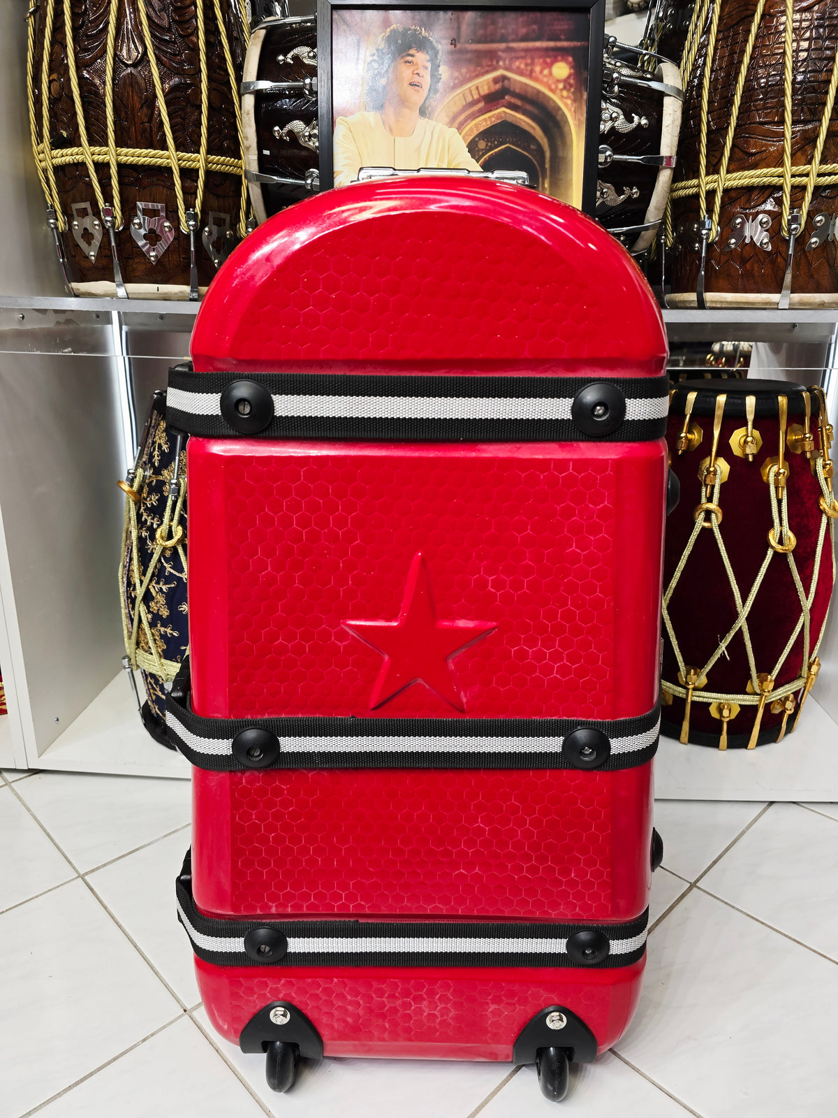 CRIMSON LUXE — Sparkly Gloss Red Hard-Shell Tabla Case · Black & White Exterior Straps · Dual Carry Handles · Fixed Wheels *Very Minor Cosmetic Blemishes (g)
