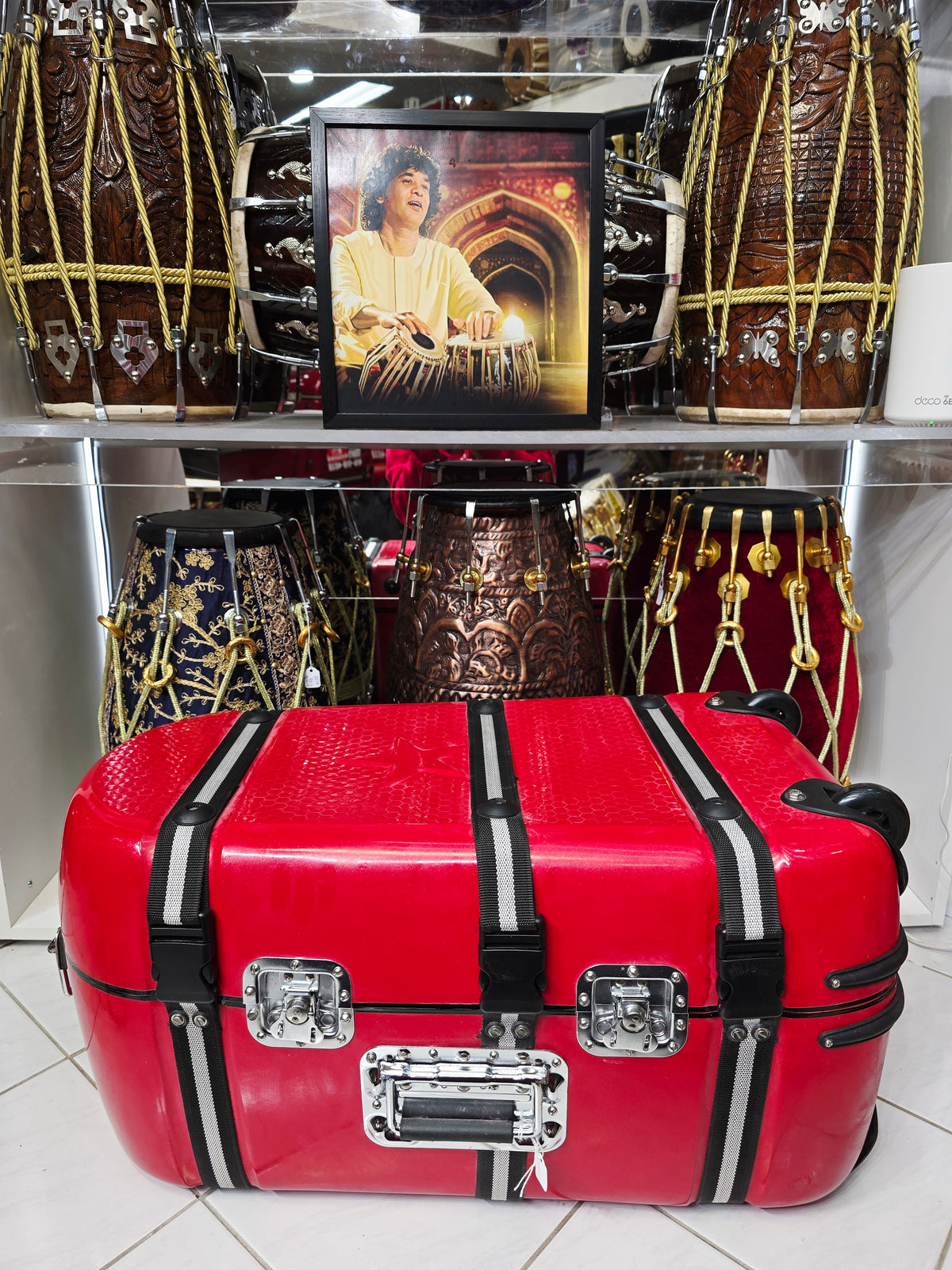 CRIMSON LUXE — Sparkly Gloss Red Hard-Shell Tabla Case · Black & White Exterior Straps · Dual Carry Handles · Fixed Wheels *Very Minor Cosmetic Blemishes (g)