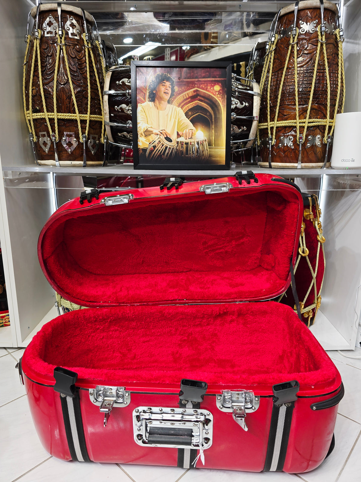 CRIMSON LUXE — Sparkly Gloss Red Hard-Shell Tabla Case · Black & White Exterior Straps · Dual Carry Handles · Fixed Wheels *Very Minor Cosmetic Blemishes (g)