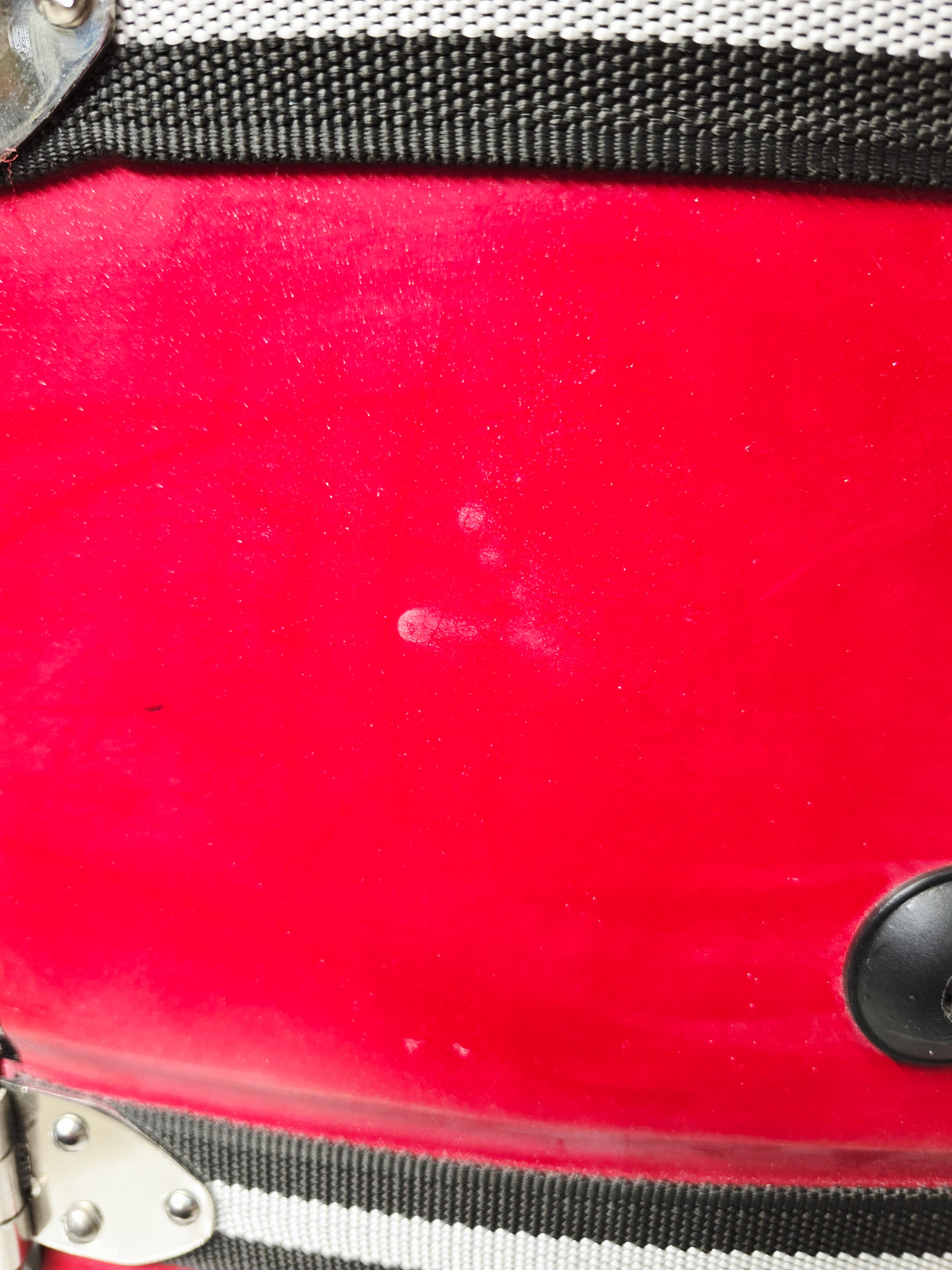 CRIMSON LUXE — Sparkly Gloss Red Hard-Shell Tabla Case · Black & White Exterior Straps · Dual Carry Handles · Fixed Wheels *Very Minor Cosmetic Blemishes (g)