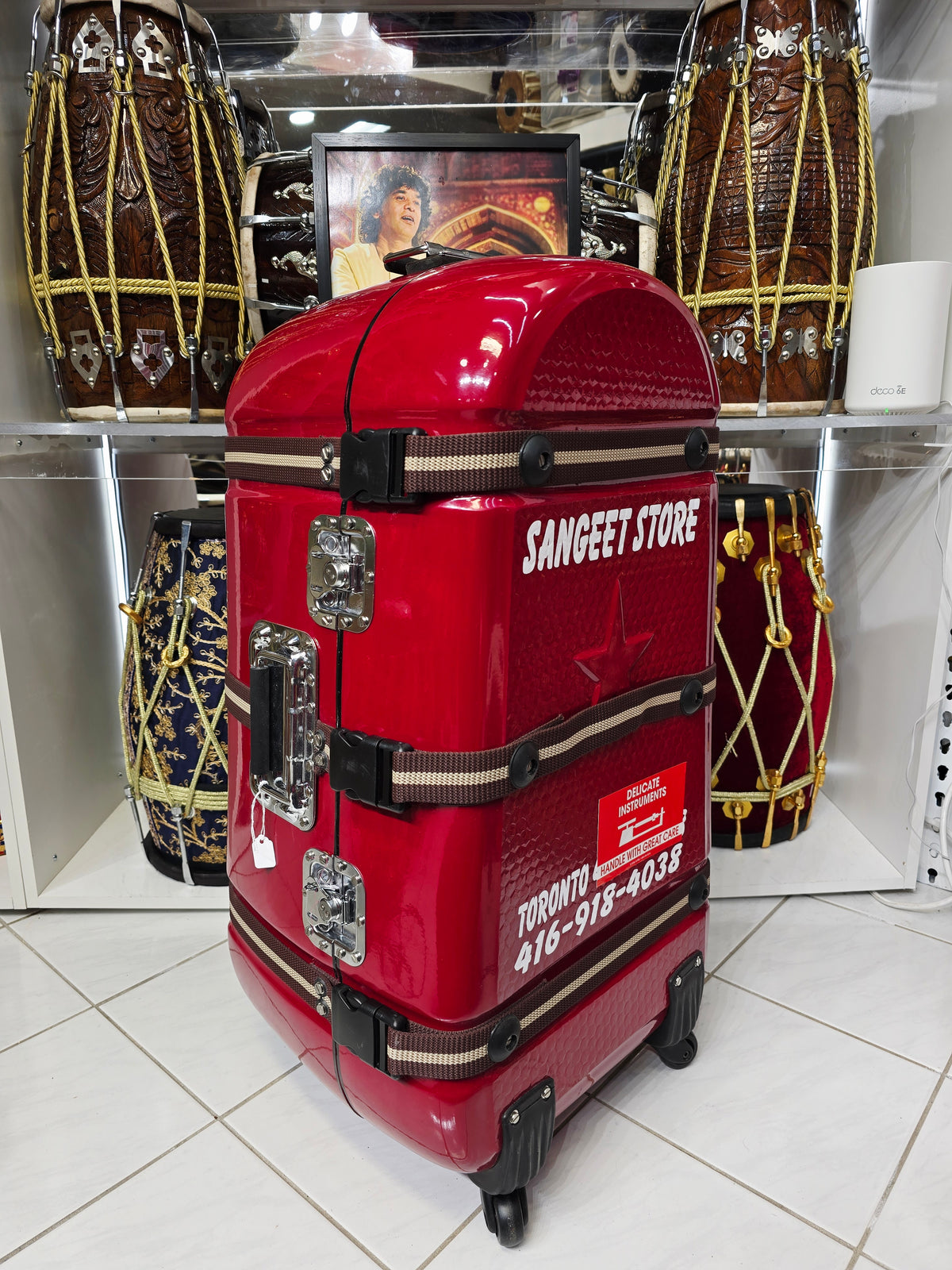 Redline Vault — Deep Red Tabla Hard Case · 360° Spinner Wheels · Dual Handles · Fixed Strap Bands · Very Minor Cosmetic Blemishes (g)